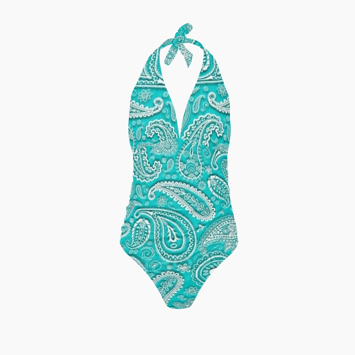 Teal and White Paisley Print Halter Top V-neck One-Piece Swimsuit - NocturnalExpressions