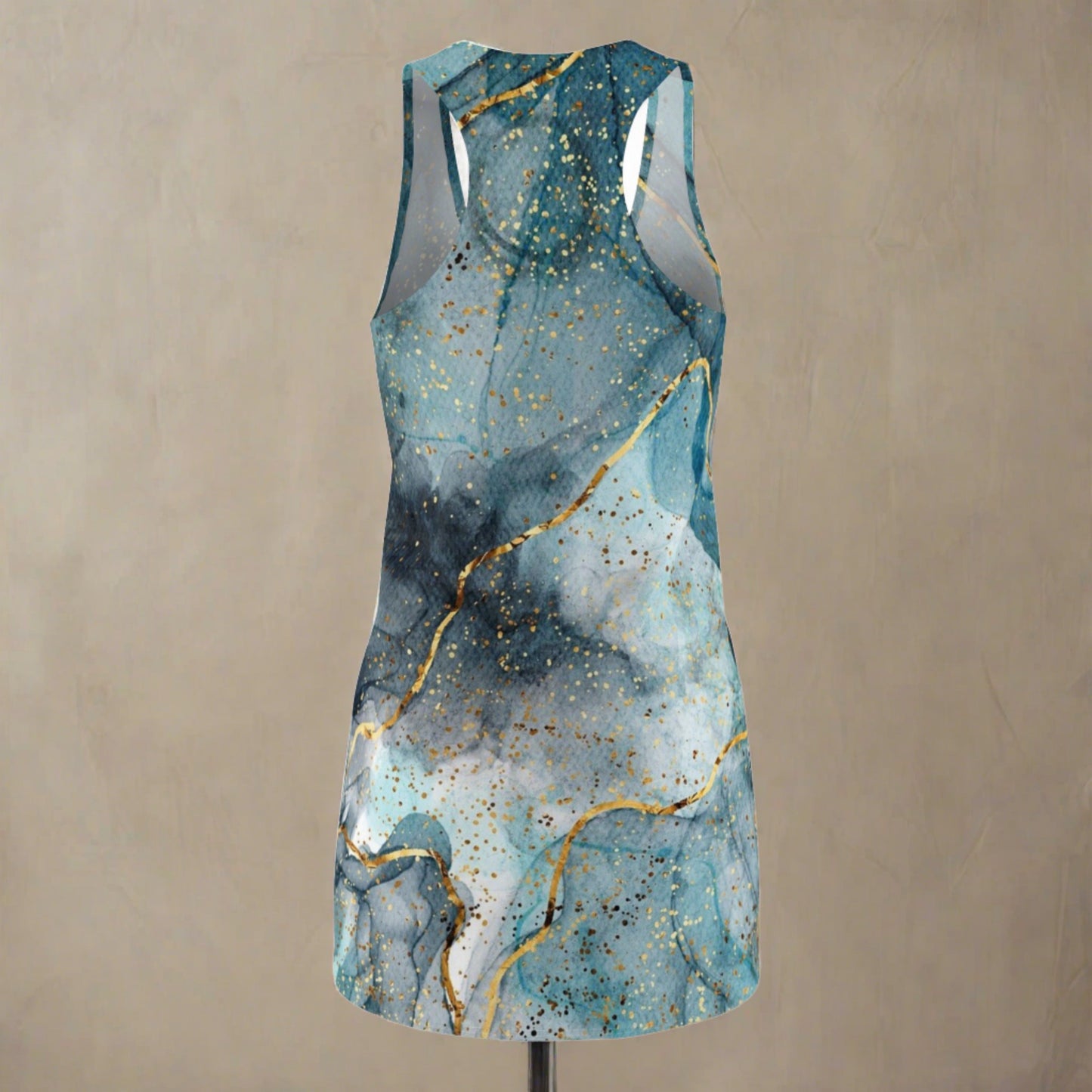 Women's Turquoise  Acrylic Pour With Gold Lines Cut & Sew Racerback Dress - NocturnalExpressions