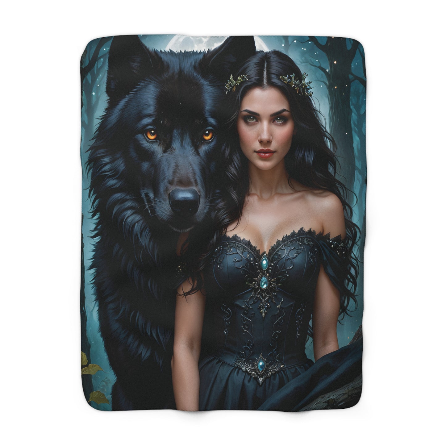 Black Wolf and Woman Fantasy Artwork Sherpa Fleece Blanket