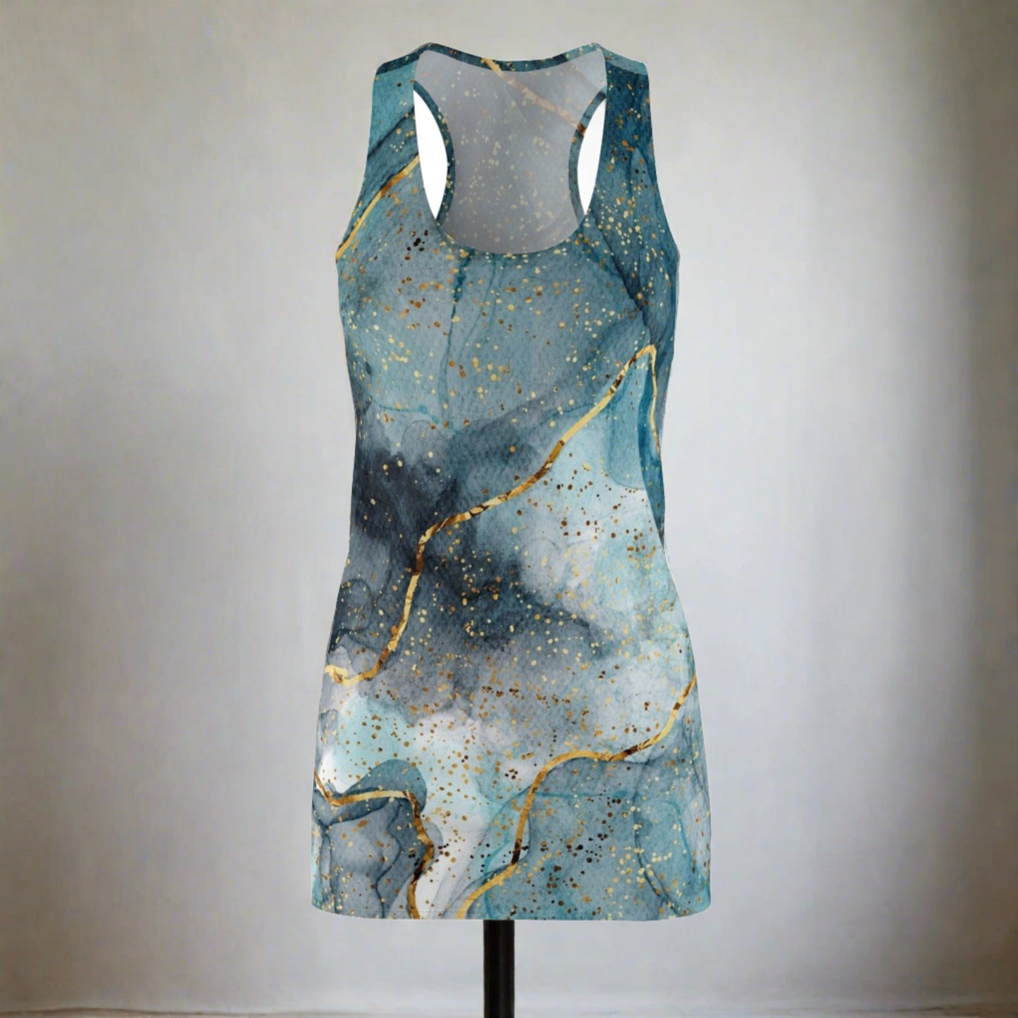 Women's Turquoise  Acrylic Pour With Gold Lines Cut & Sew Racerback Dress - NocturnalExpressions