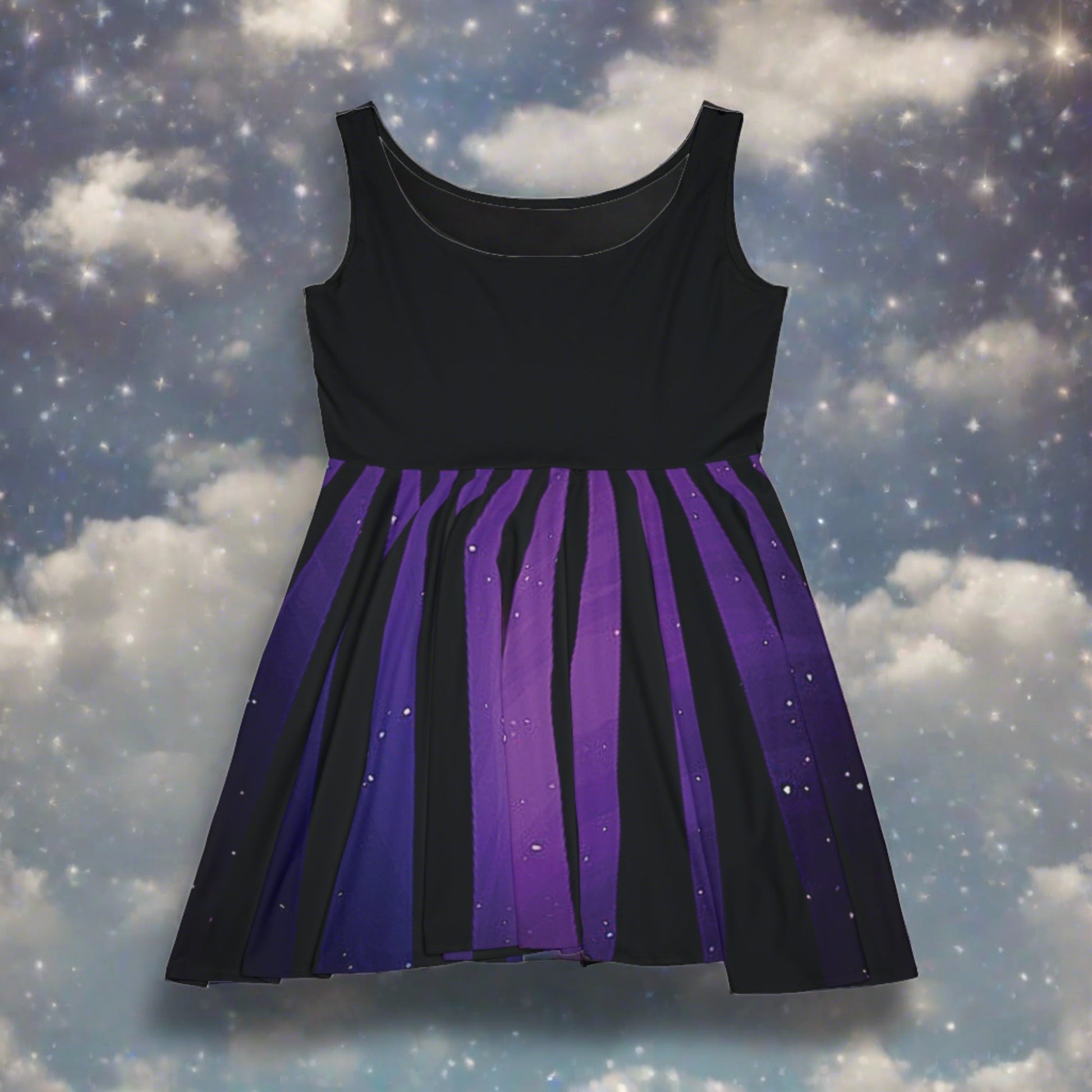 Women's Purple Starry Night Sky & Black Striped Graphic Design Sleeveless Skater Dress - NocturnalExpressions