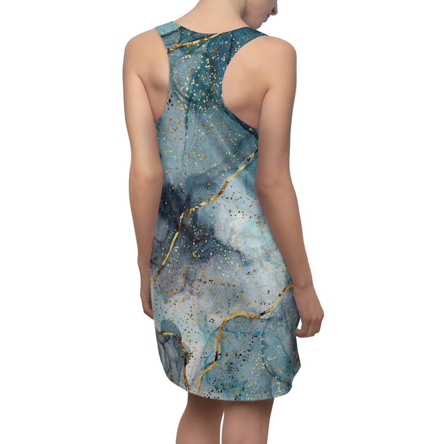 Women's Turquoise  Acrylic Pour With Gold Lines Cut & Sew Racerback Dress - NocturnalExpressions