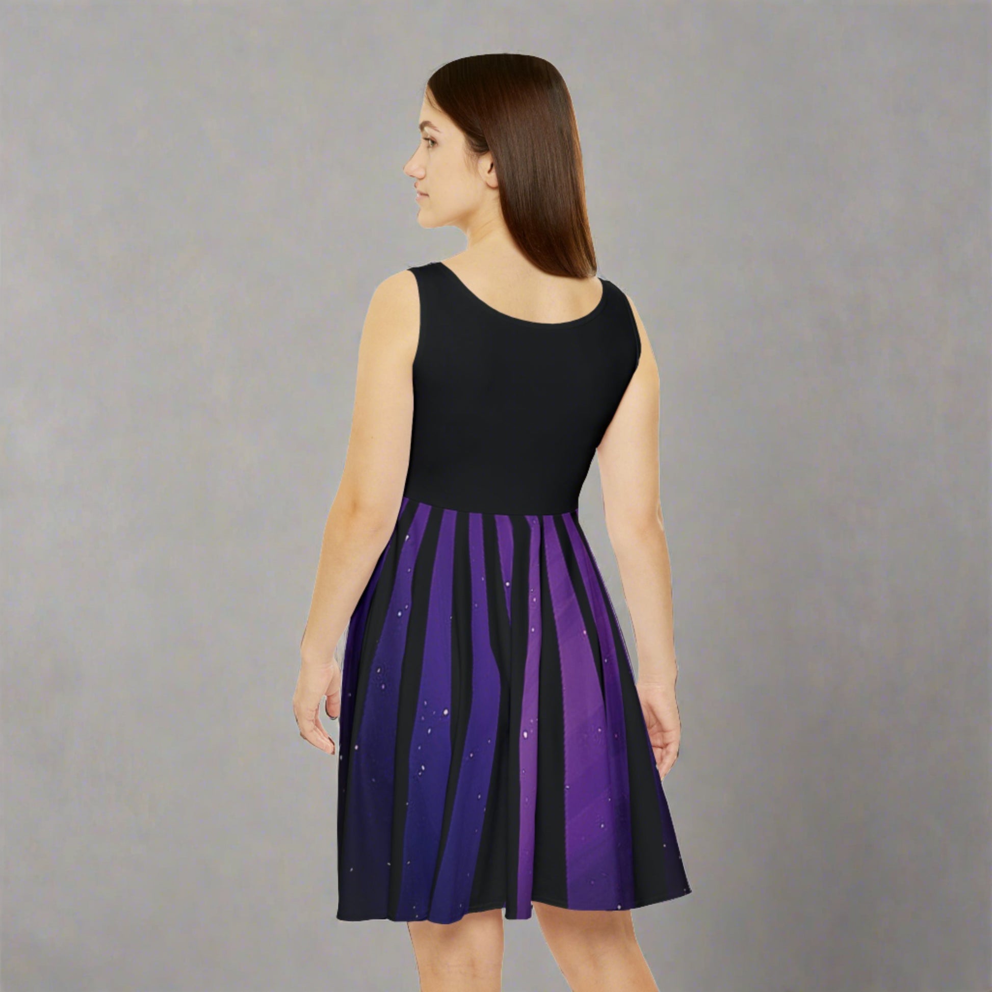 Women's Purple Starry Night Sky & Black Striped Graphic Design Sleeveless Skater Dress - NocturnalExpressions