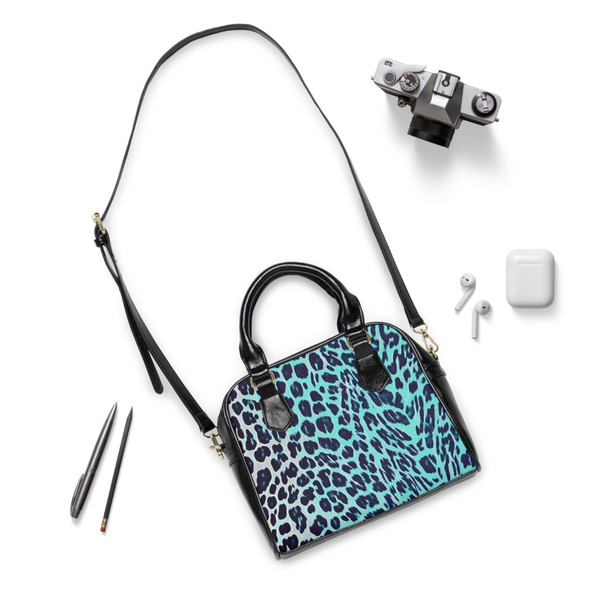 Teal & White Color Gradient Leopard Print Shoulder Handbag - NocturnalExpressions