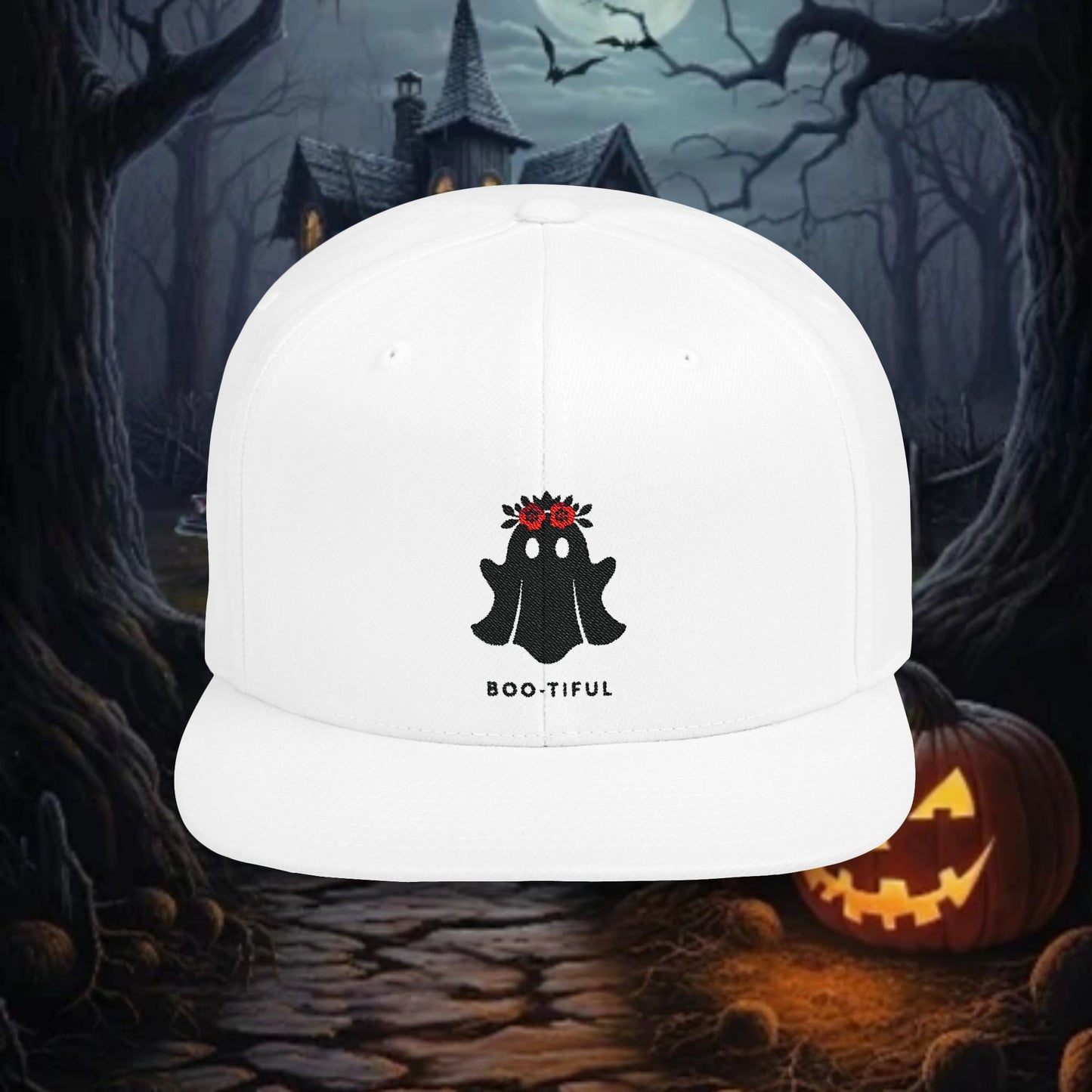 Bootiful Ghost Embroidered Flat Bill Snapback