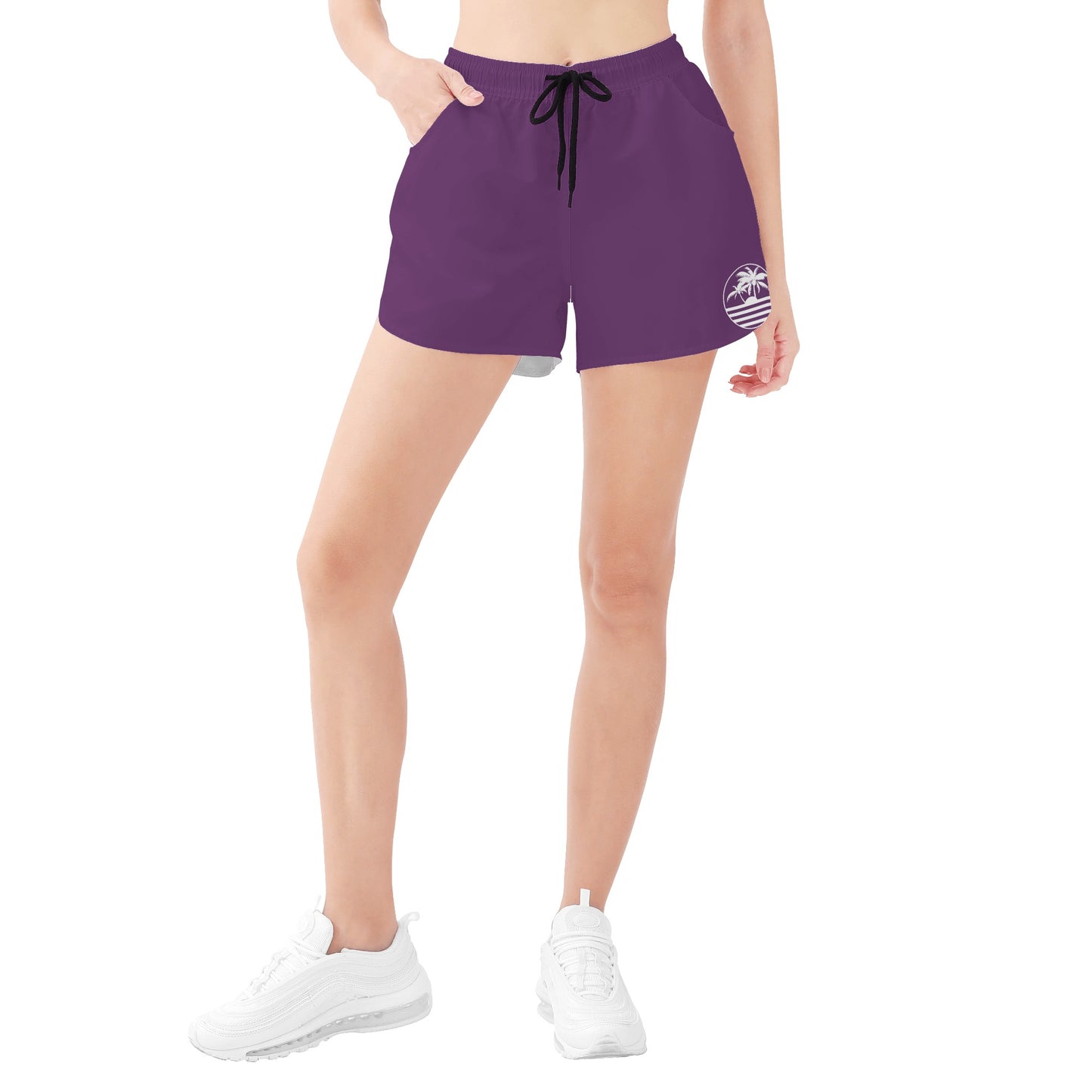 Women's Purple & White Palm Trees Graphic Design Casual Beach Shorts - NocturnalExpressions