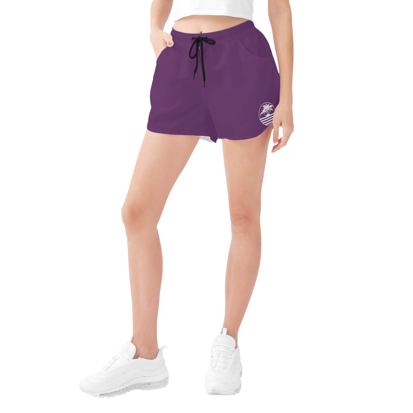 Women's Purple & White Palm Trees Graphic Design Casual Beach Shorts - NocturnalExpressions