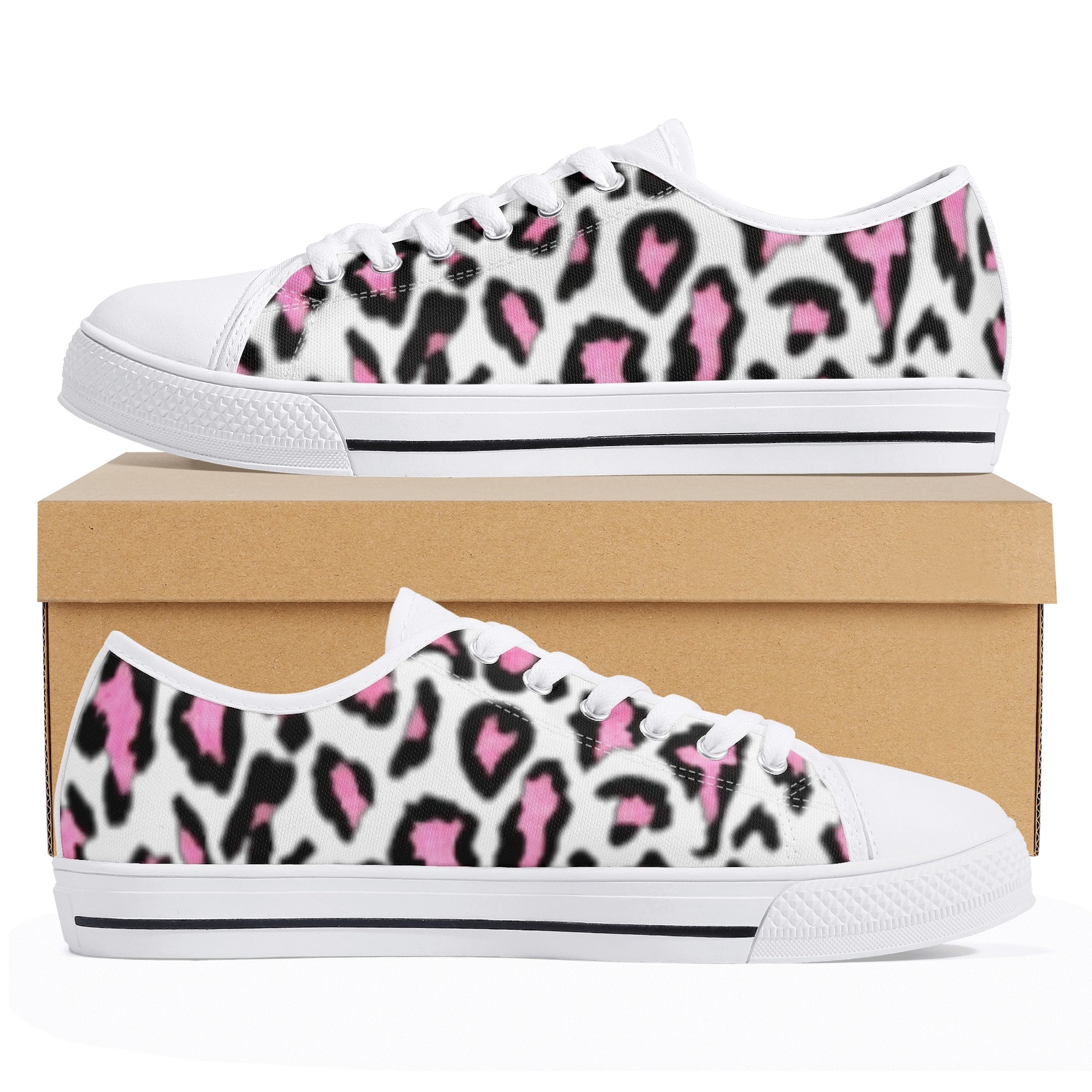 Women's White & Pink/Black Leopard Print Low Top Canvas Shoes - NocturnalExpressions