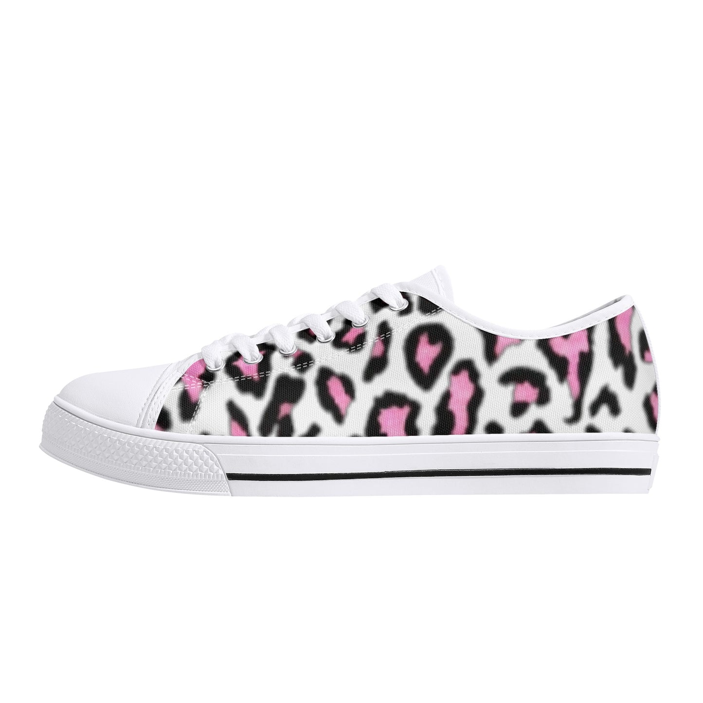 Women's White & Pink/Black Leopard Print Low Top Canvas Shoes - NocturnalExpressions