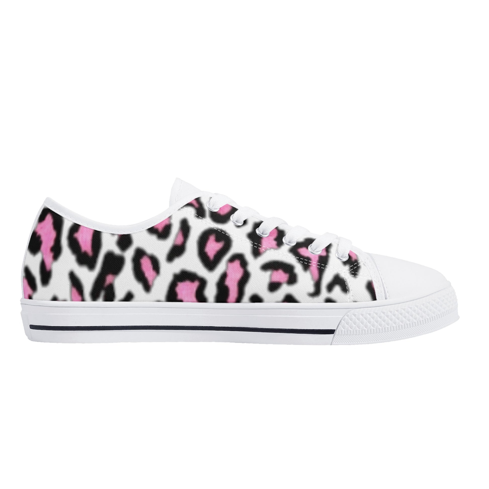 Women's White & Pink/Black Leopard Print Low Top Canvas Shoes - NocturnalExpressions