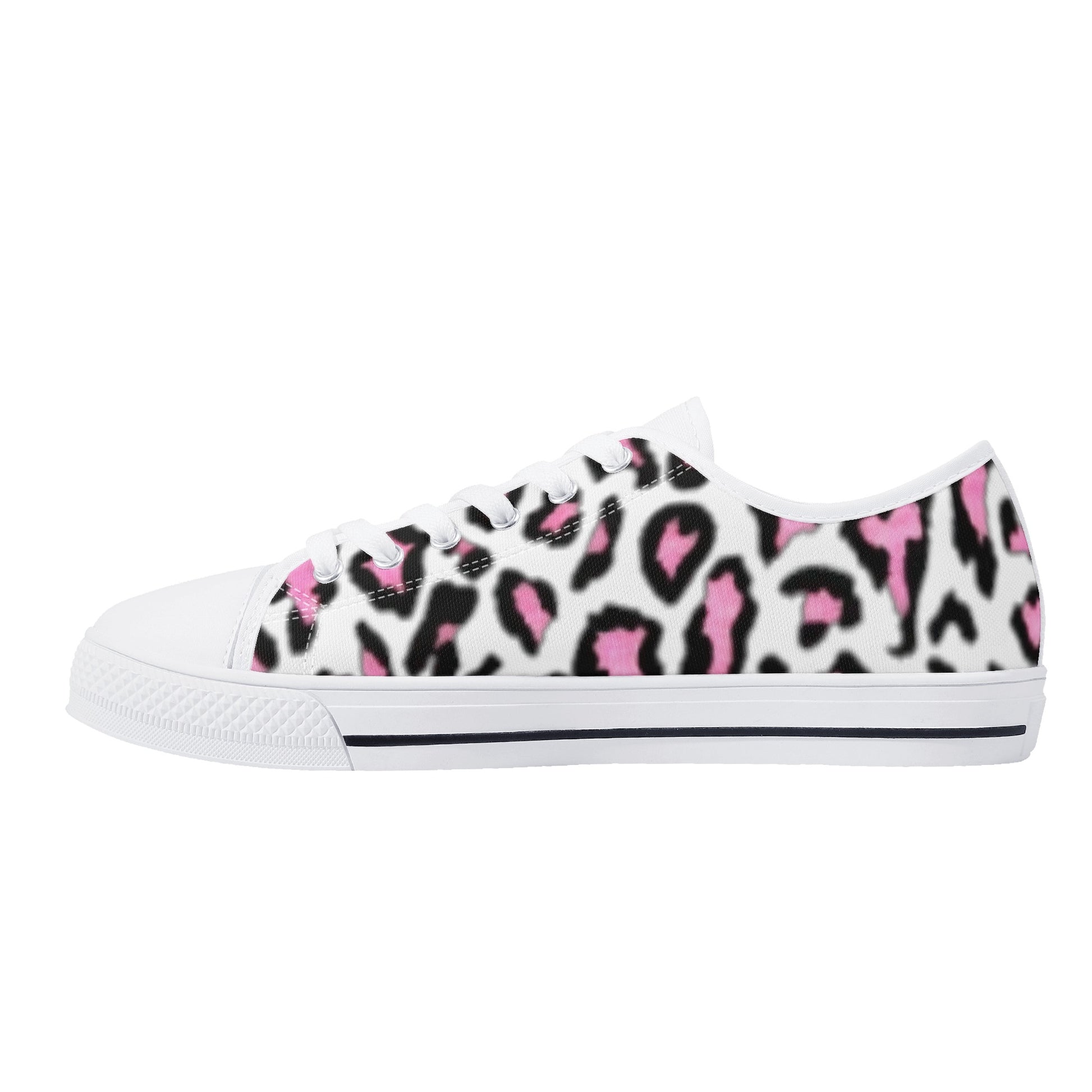 Women's White & Pink/Black Leopard Print Low Top Canvas Shoes - NocturnalExpressions