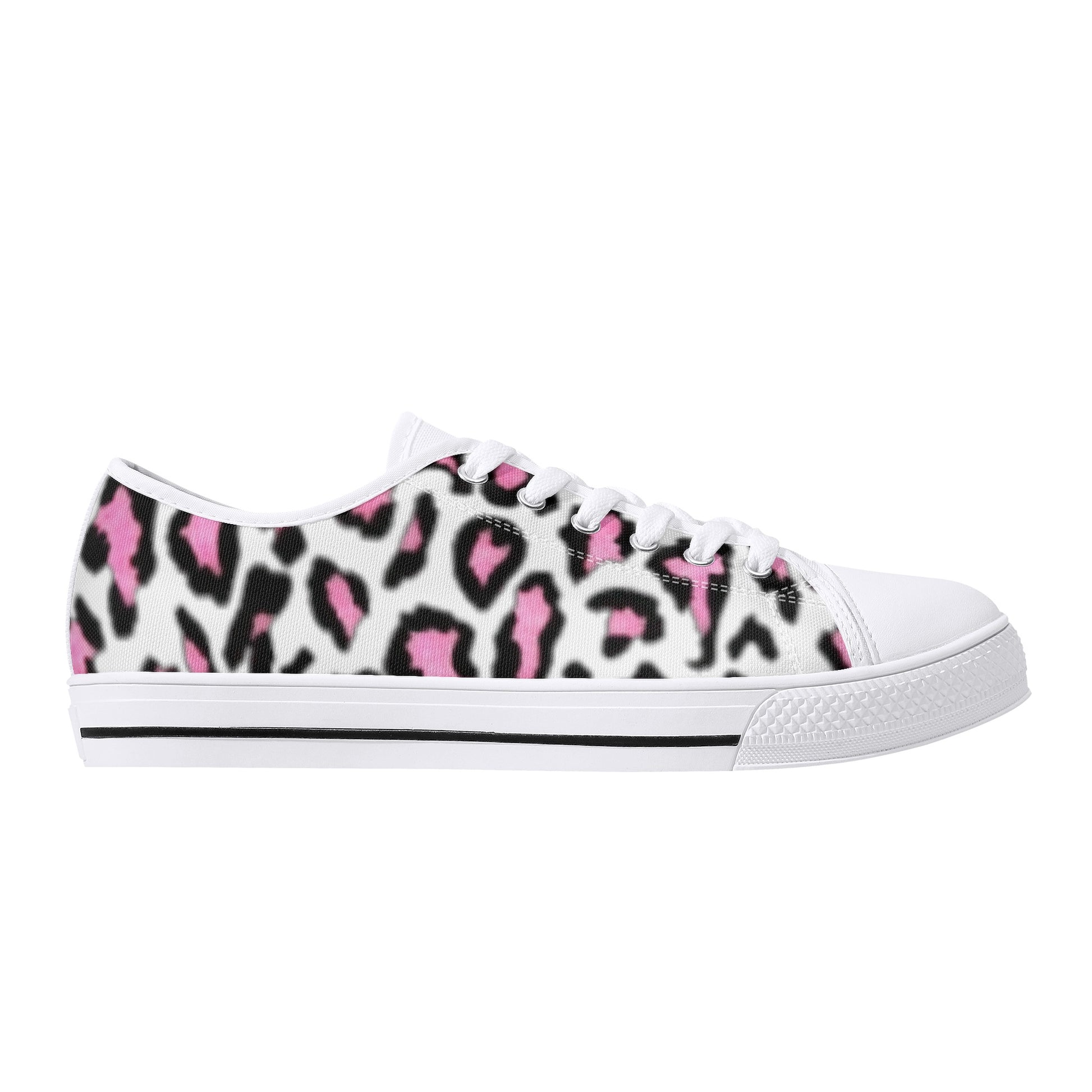 Women's White & Pink/Black Leopard Print Low Top Canvas Shoes - NocturnalExpressions