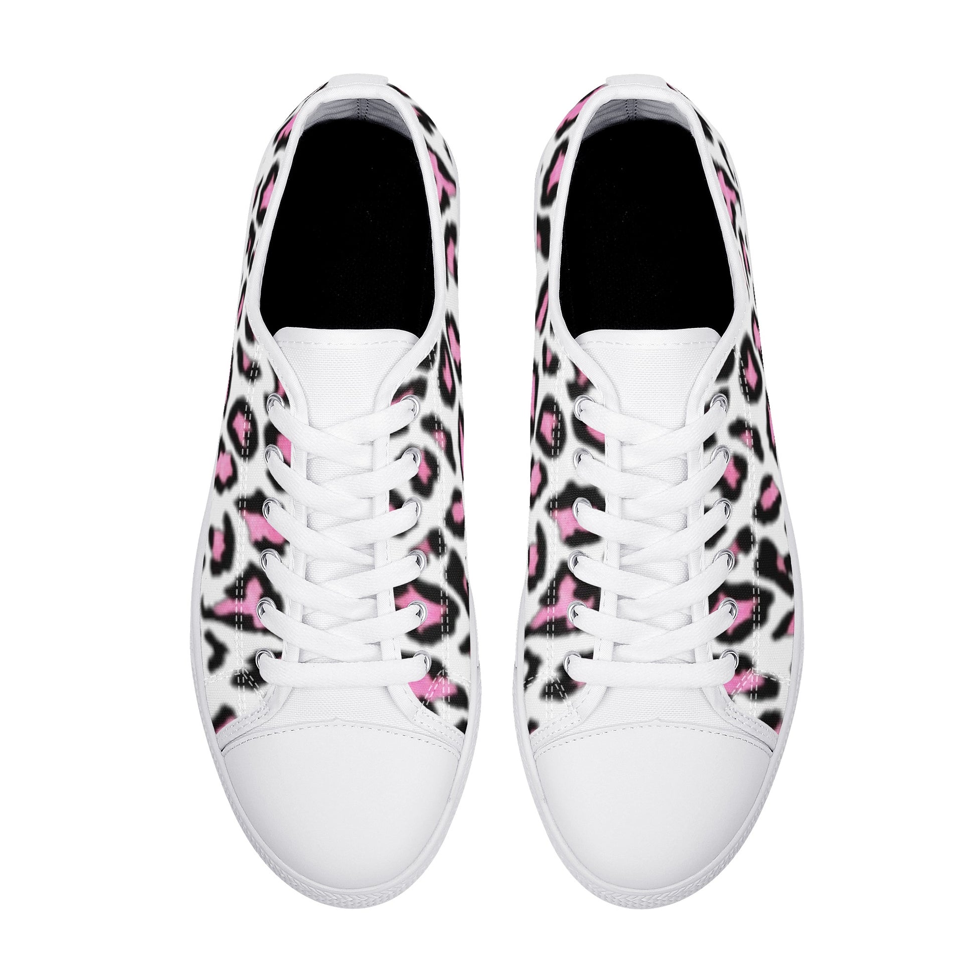 Women's White & Pink/Black Leopard Print Low Top Canvas Shoes - NocturnalExpressions