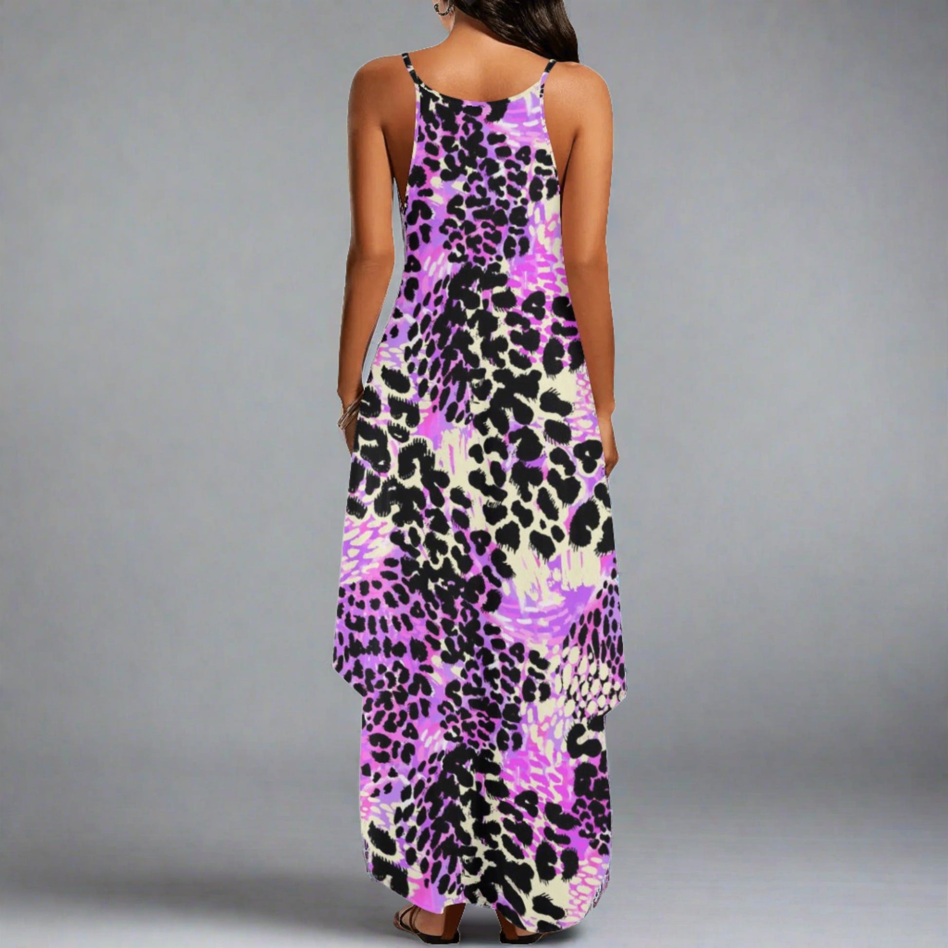 Women's Purple & Leopard Print Color Block Pattern Elegant Sleeveless Sundress - NocturnalExpressions