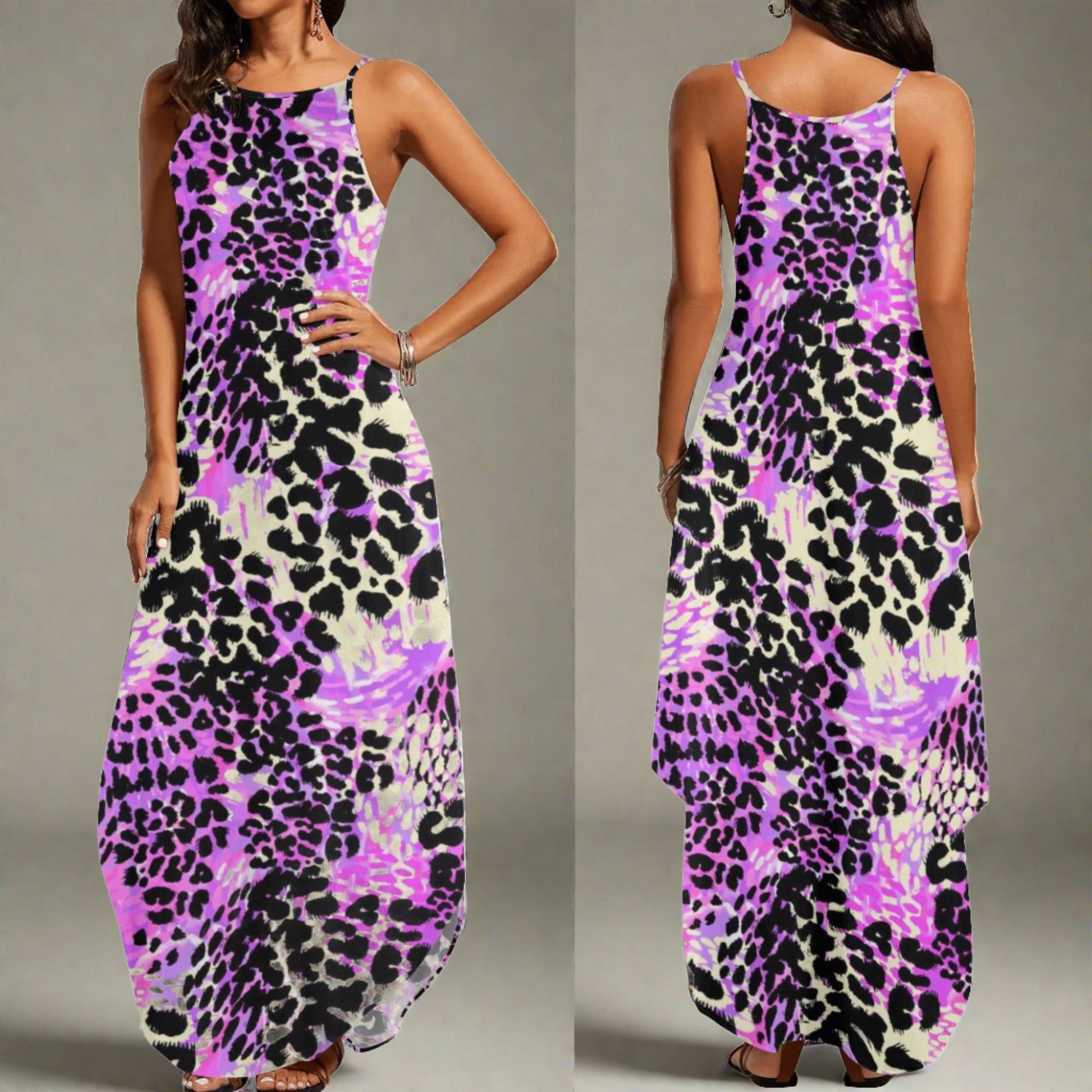 Women's Purple & Leopard Print Color Block Pattern Elegant Sleeveless Sundress - NocturnalExpressions