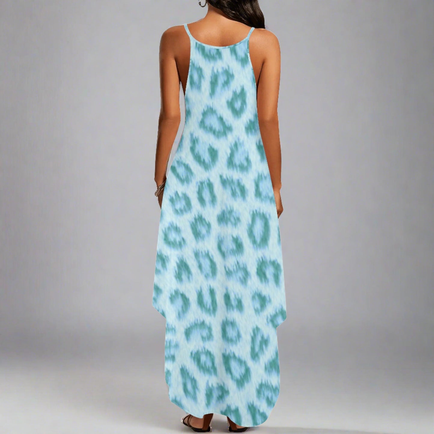 Women's Teal Leopard Print Pattern Elegant Sleeveless Sundress - NocturnalExpressions