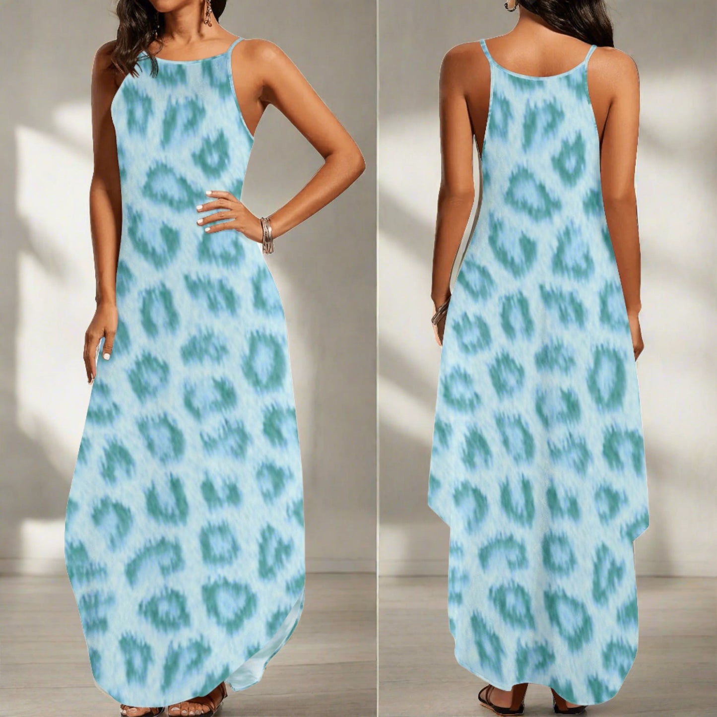 Women's Teal Leopard Print Pattern Elegant Sleeveless Sundress - NocturnalExpressions