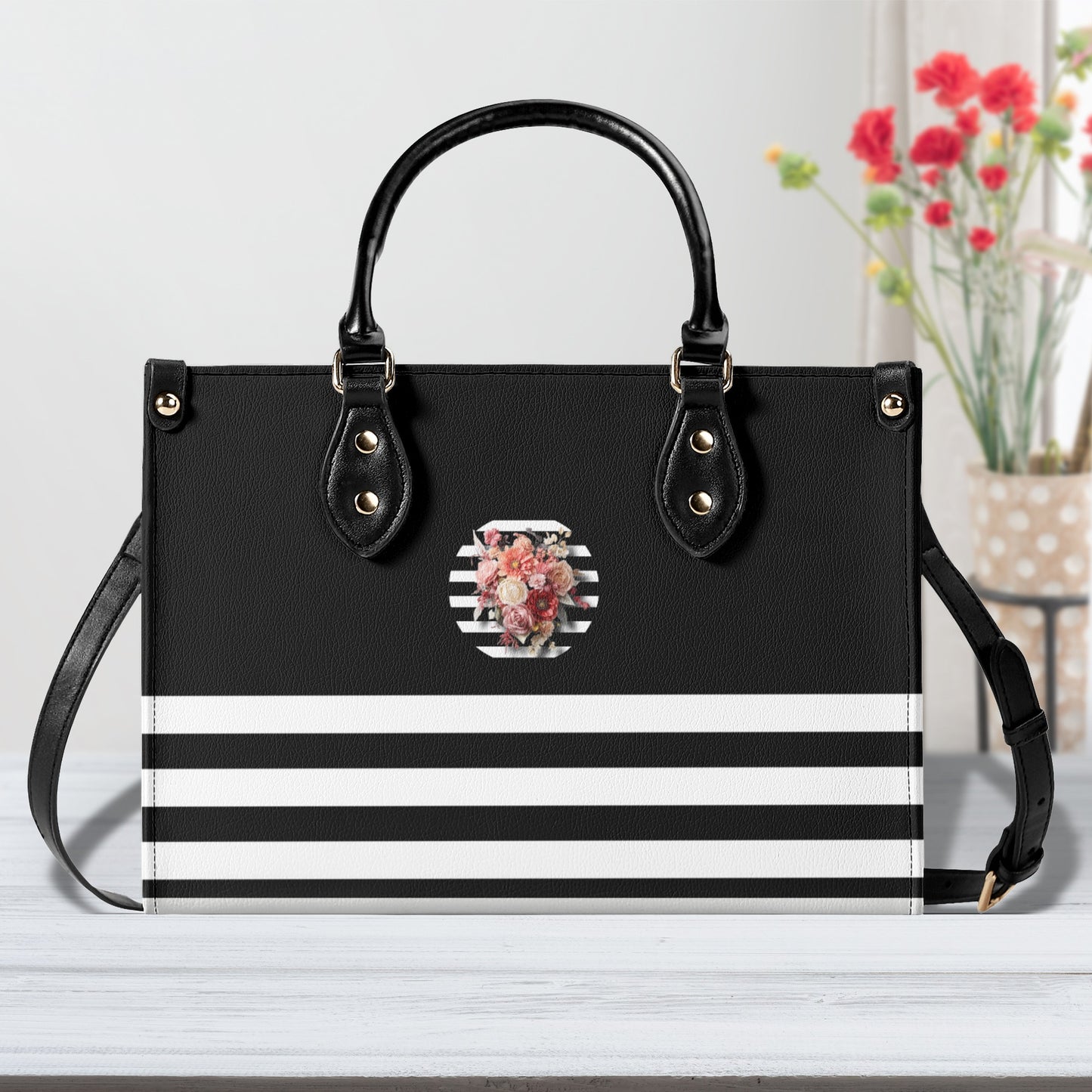 Black & White Vertically Striped Floral Graphic Luxury Women PU Leather Handbag - NocturnalExpressions