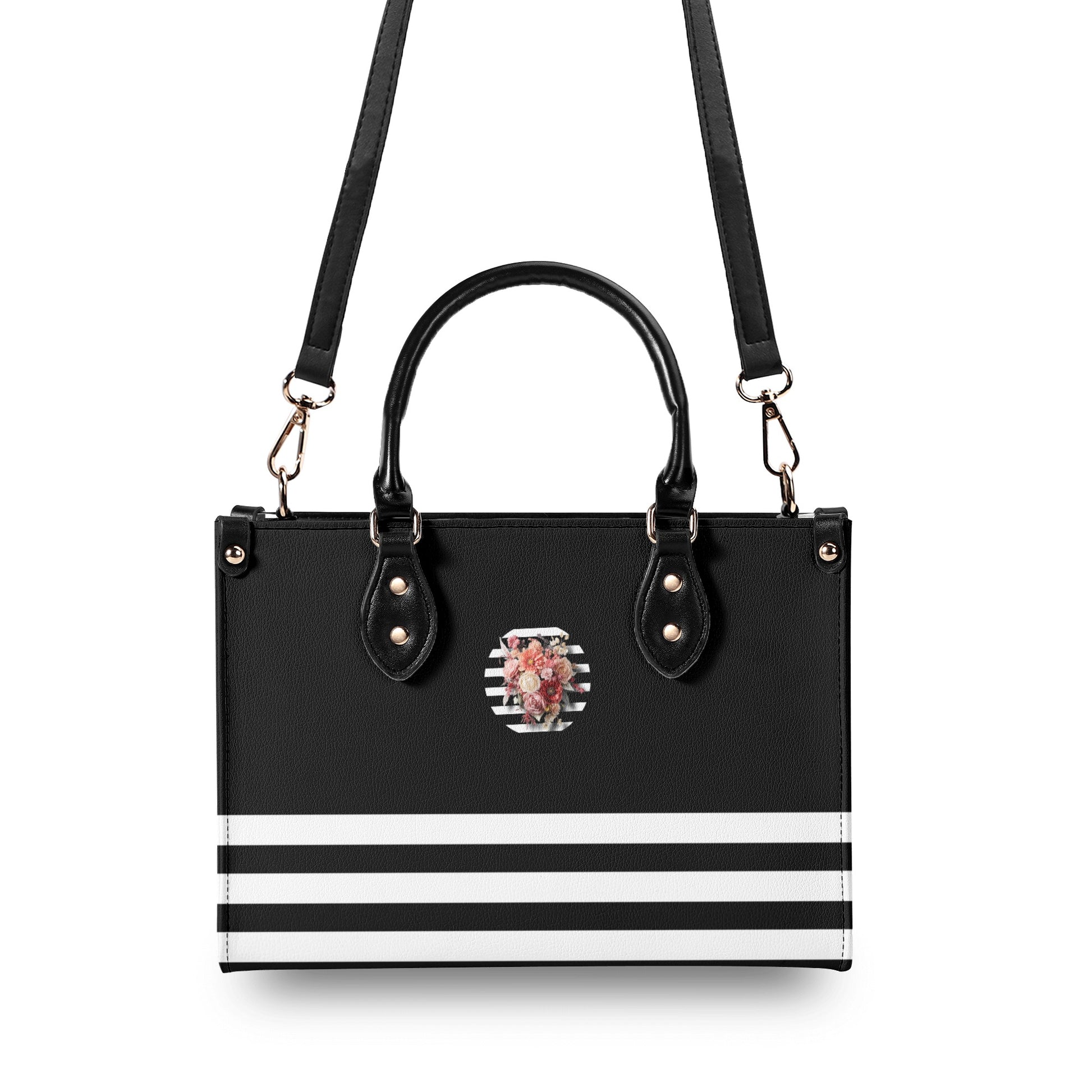 Black & White Vertically Striped Floral Graphic Luxury Women PU Leather Handbag - NocturnalExpressions