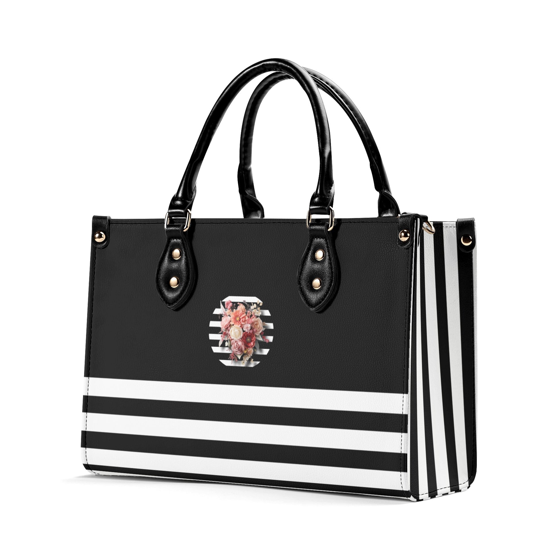 Black & White Vertically Striped Floral Graphic Luxury Women PU Leather Handbag - NocturnalExpressions