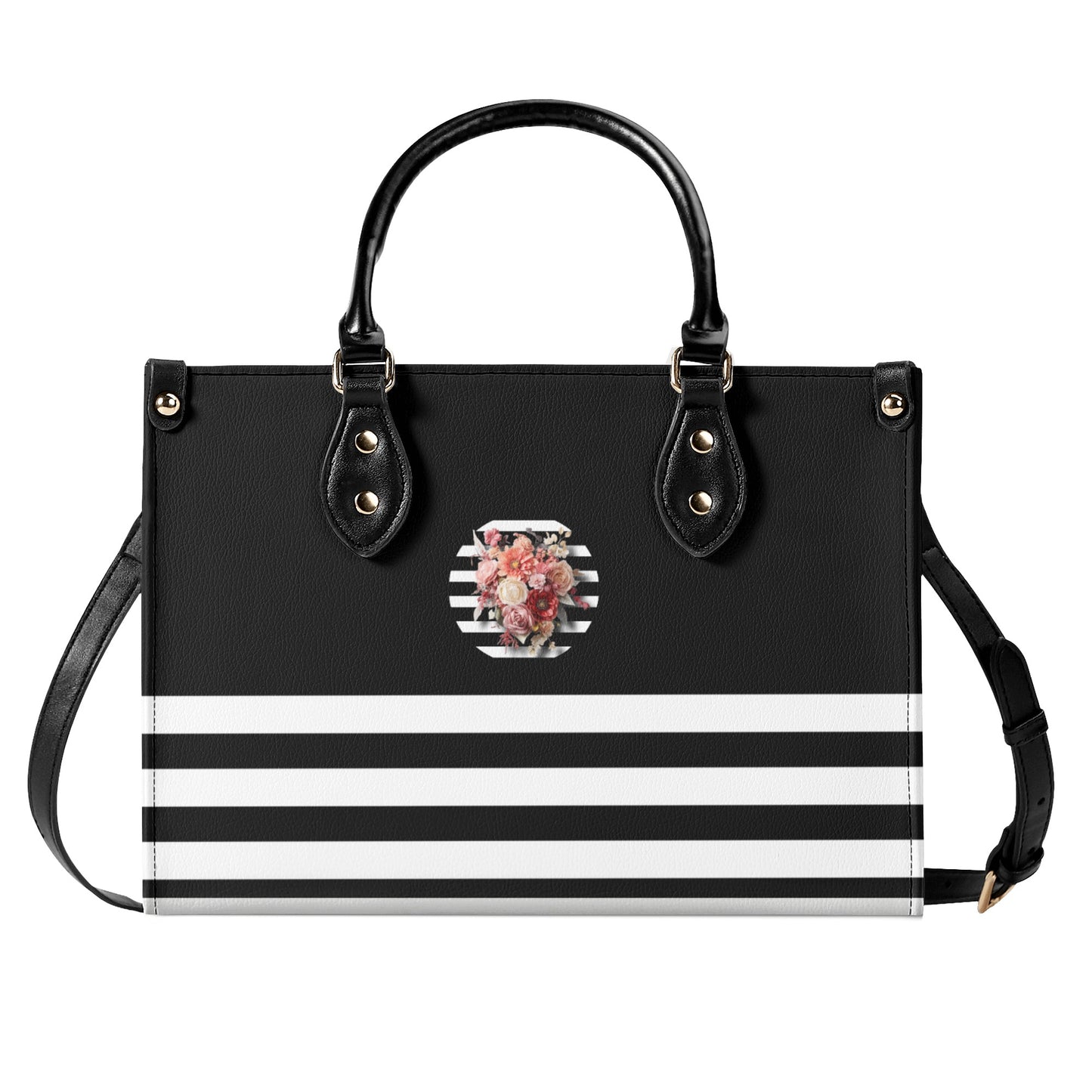 Black & White Vertically Striped Floral Graphic Luxury Women PU Leather Handbag - NocturnalExpressions