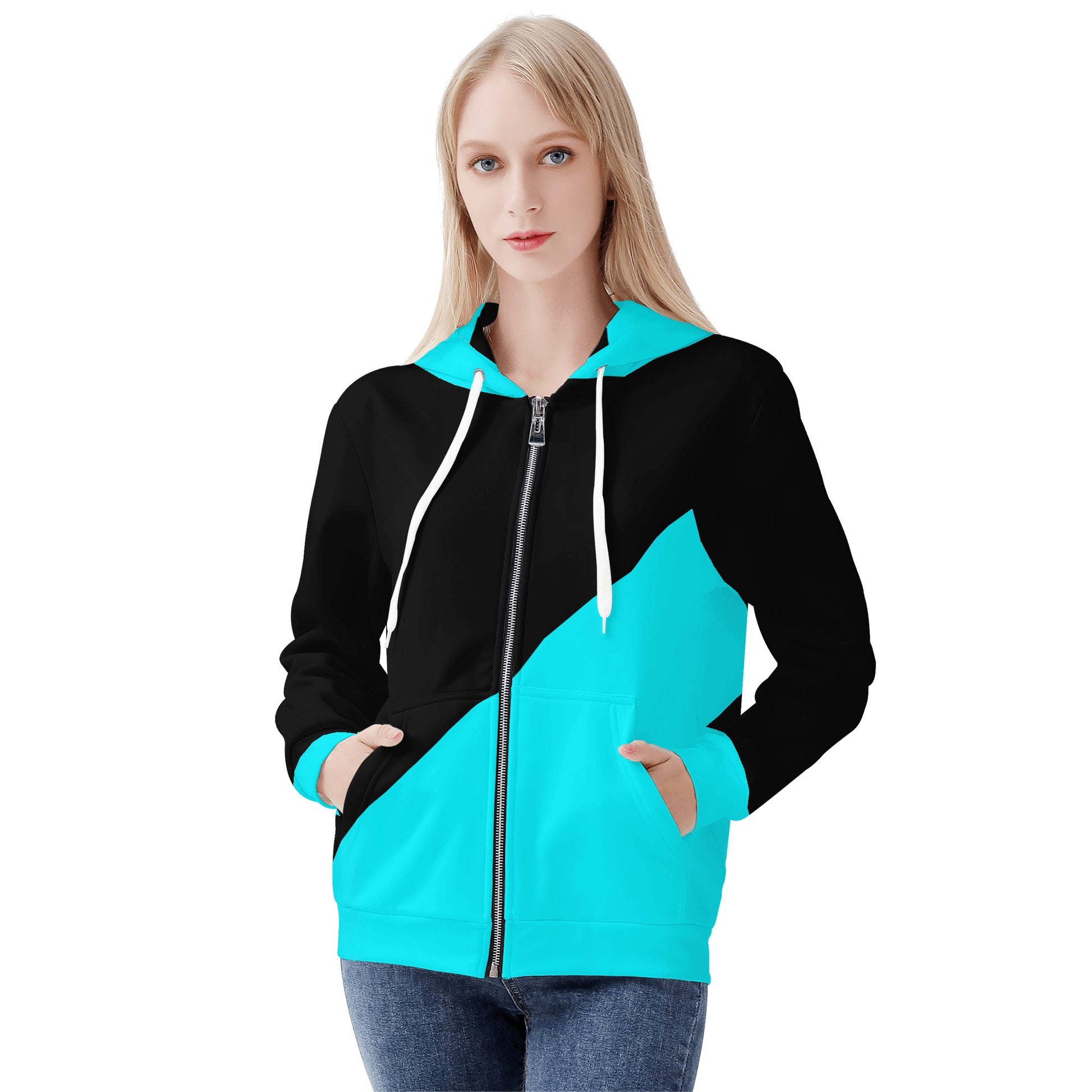 Womens Teal & Black Asymmetrical Zip Up Hoodie - NocturnalExpressions