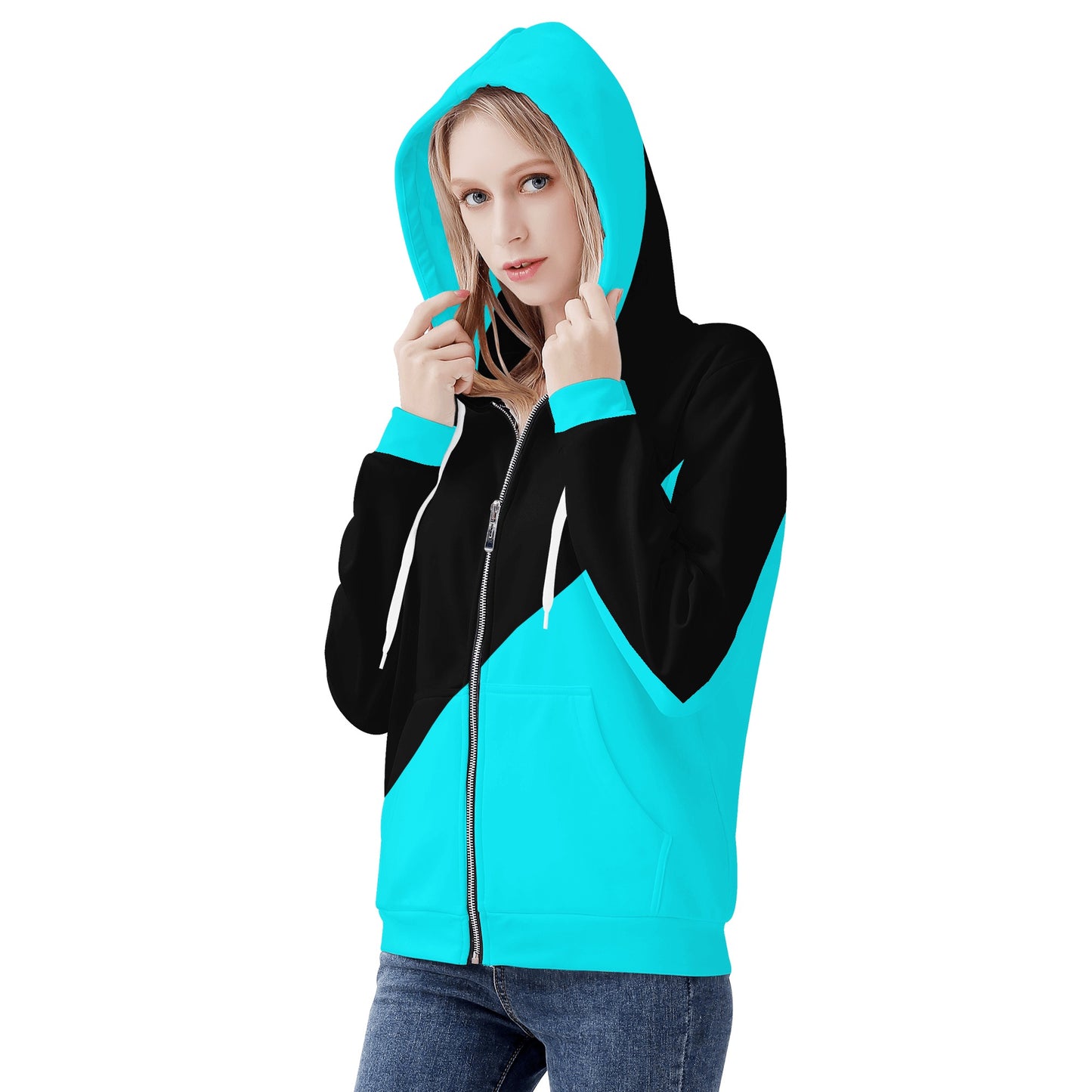 Womens Teal & Black Asymmetrical Zip Up Hoodie - NocturnalExpressions