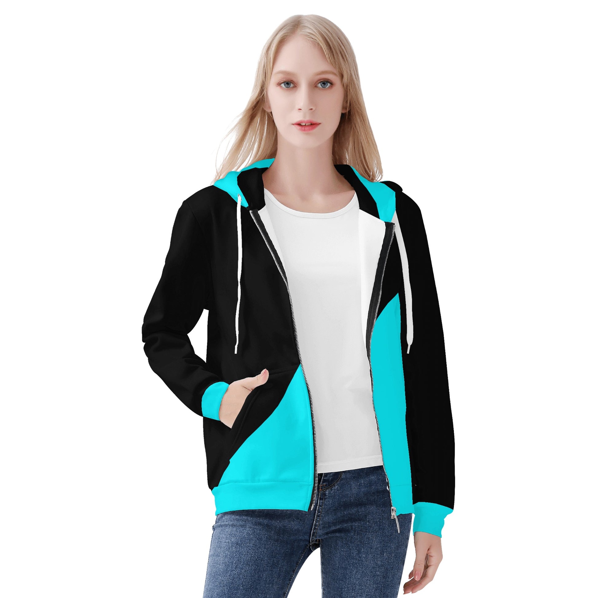 Womens Teal & Black Asymmetrical Zip Up Hoodie - NocturnalExpressions