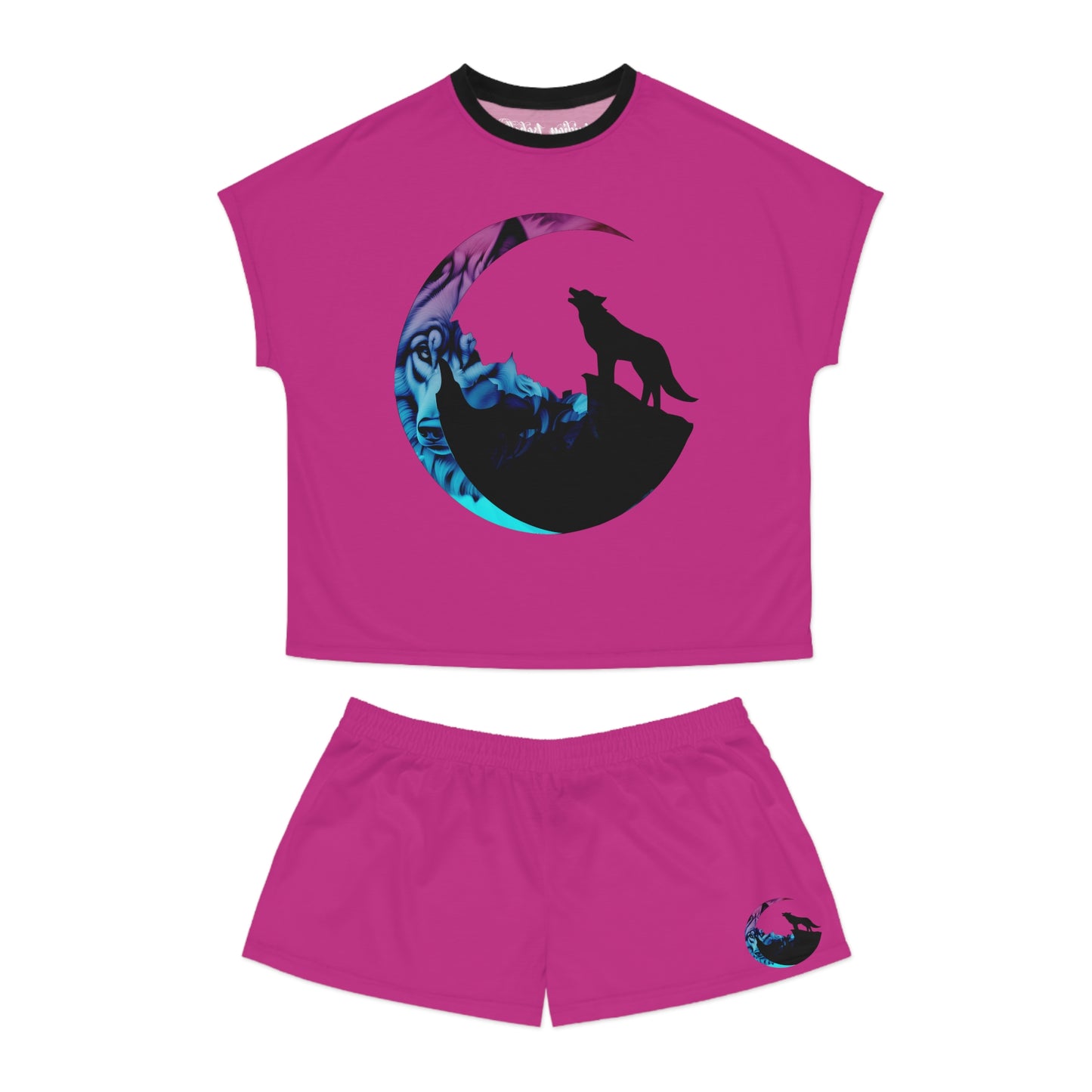 Women's Pink Wolf Silhouette Cresent Moon Graphic Art Short Pajama Set - NocturnalExpressions