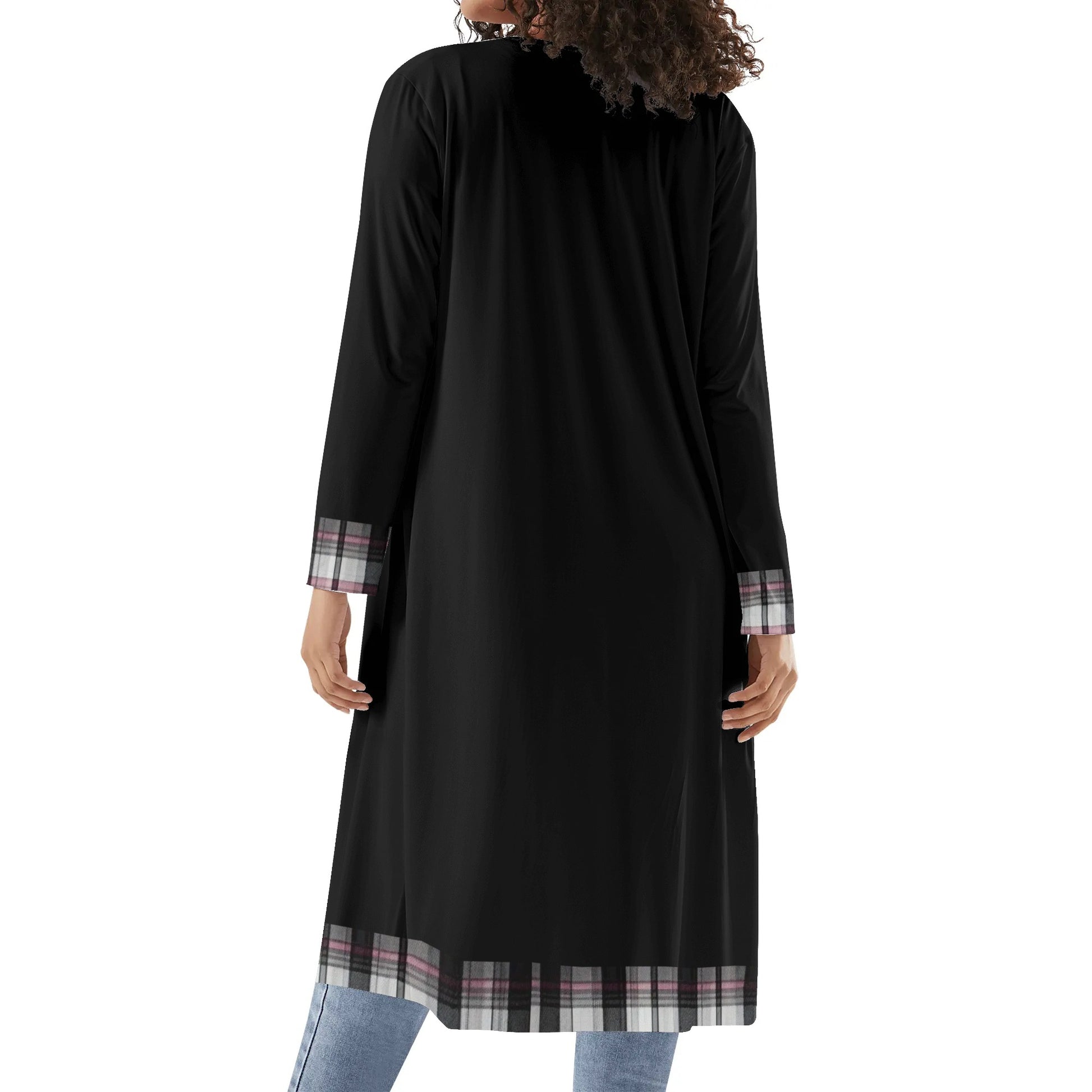 Womens Melisa Design Pink, White, & Black Plaid Color Block Lightweight Long Cardigan - NocturnalExpressions