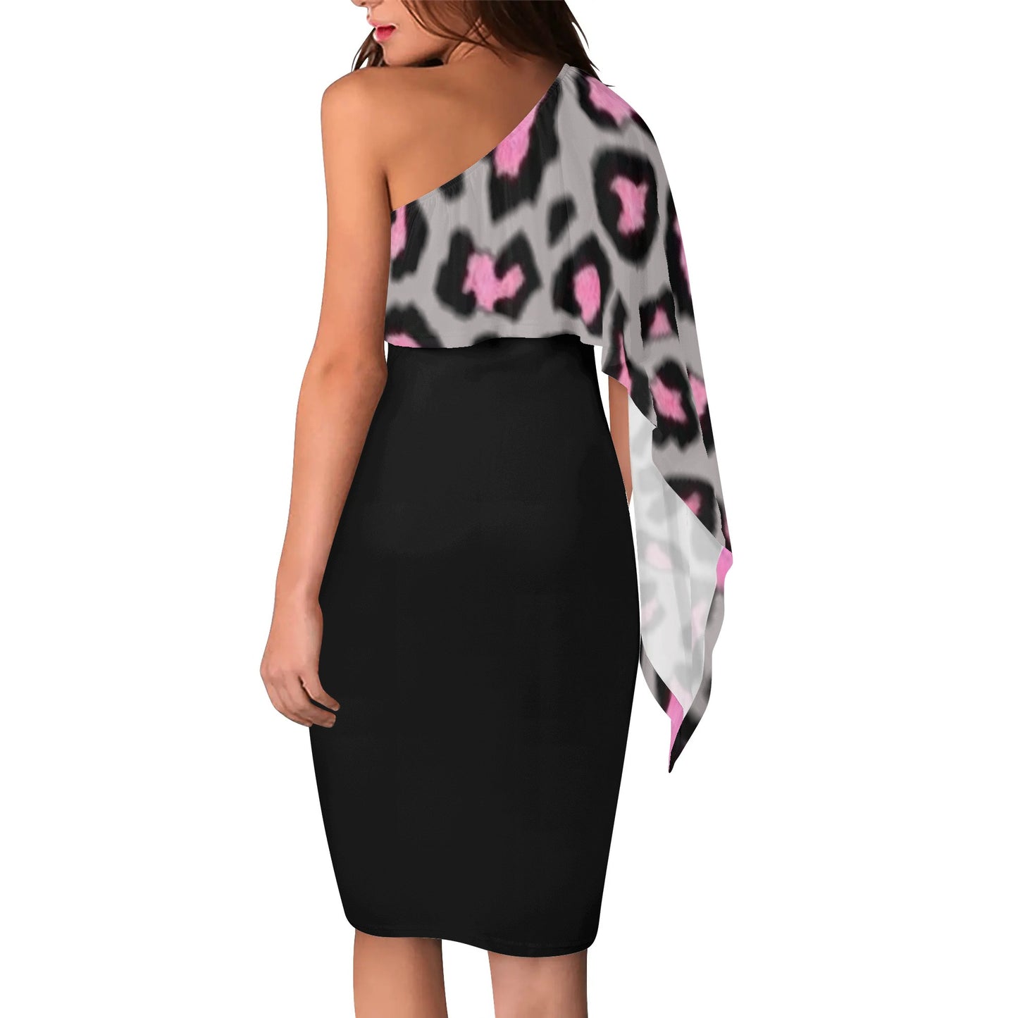 Womens Pink & Black Leopard Print Draped One Shoulder Sleeve Tapered Dress - NocturnalExpressions