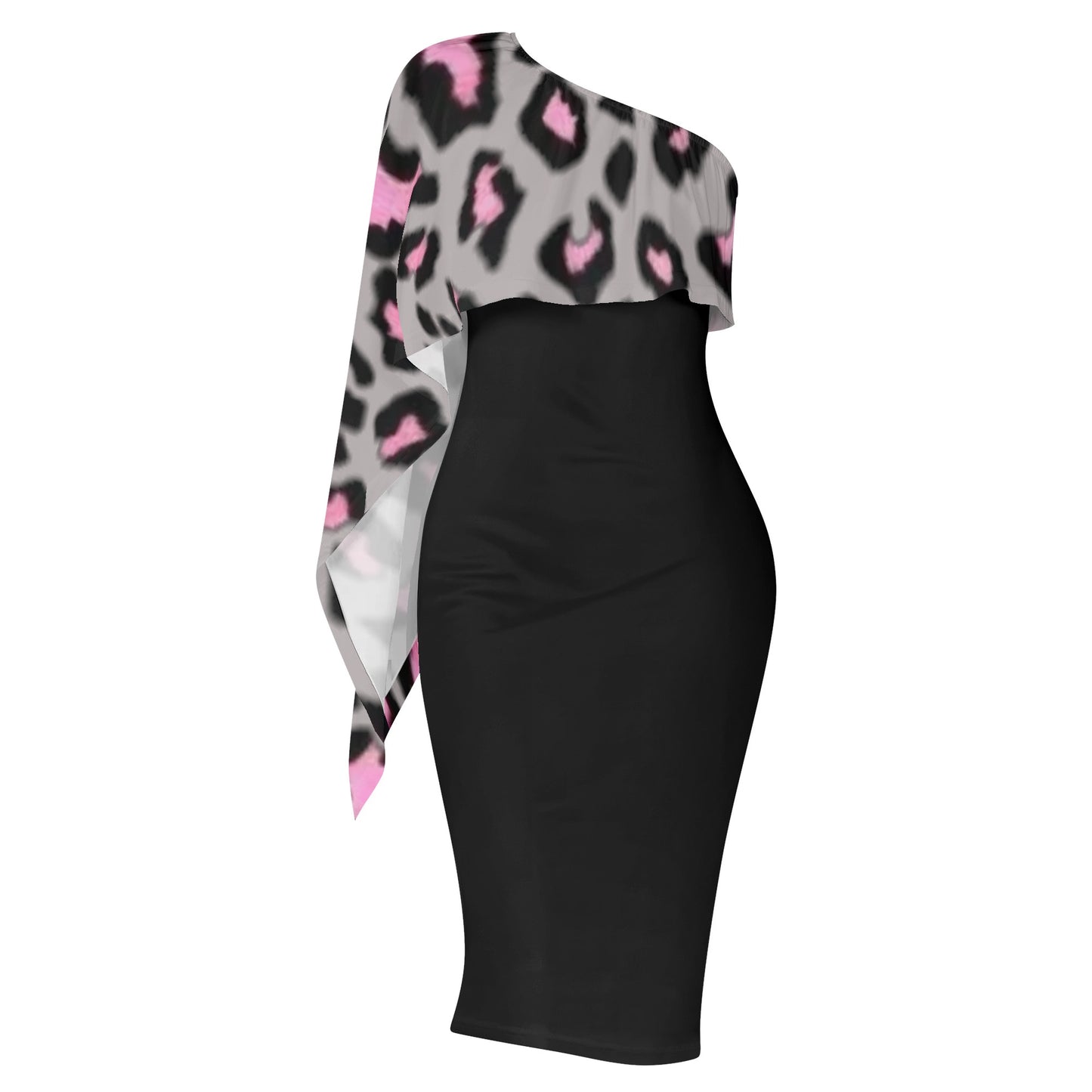 Womens Pink & Black Leopard Print Draped One Shoulder Sleeve Tapered Dress - NocturnalExpressions