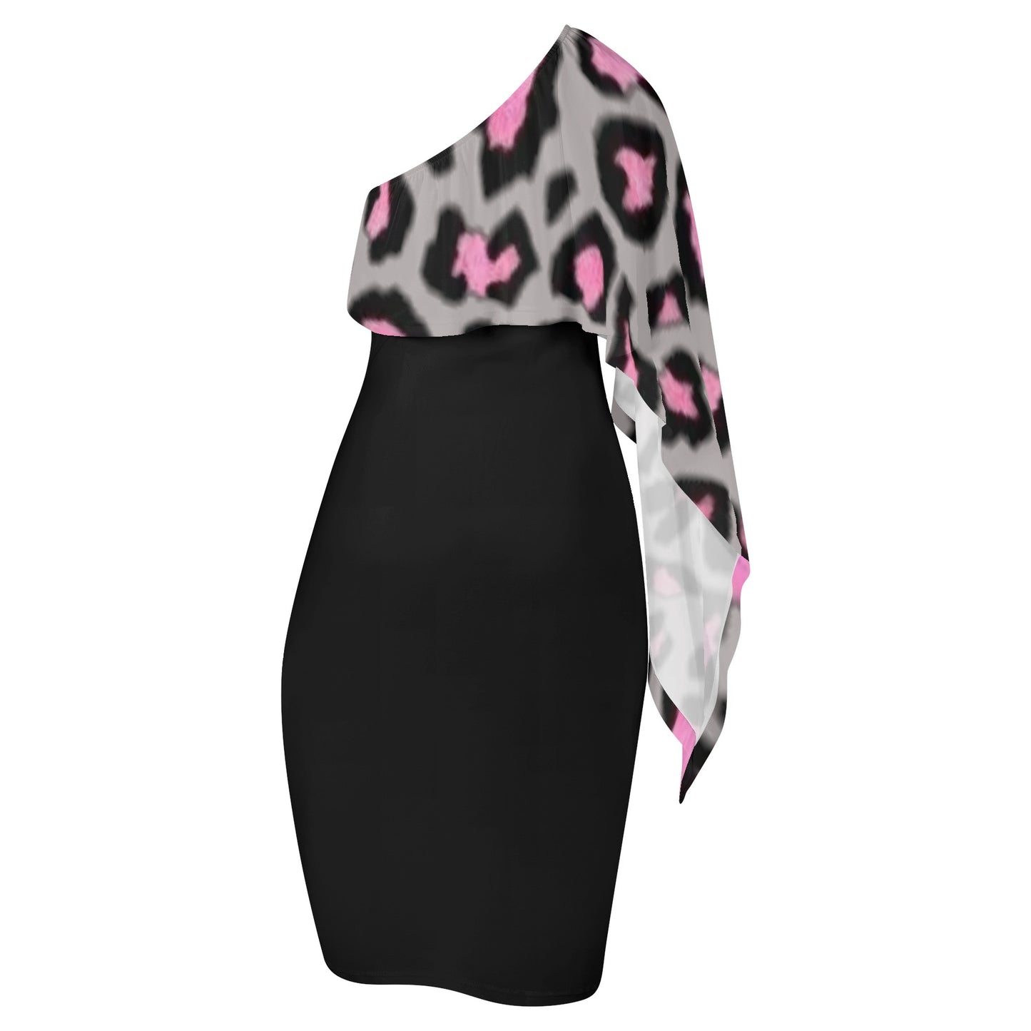 Womens Pink & Black Leopard Print Draped One Shoulder Sleeve Tapered Dress - NocturnalExpressions