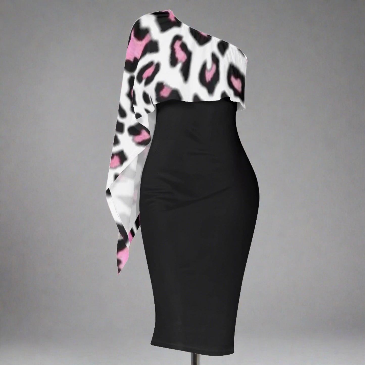 Womens Pink & Black Leopard Print Draped One Shoulder Sleeve Tapered Dress - NocturnalExpressions