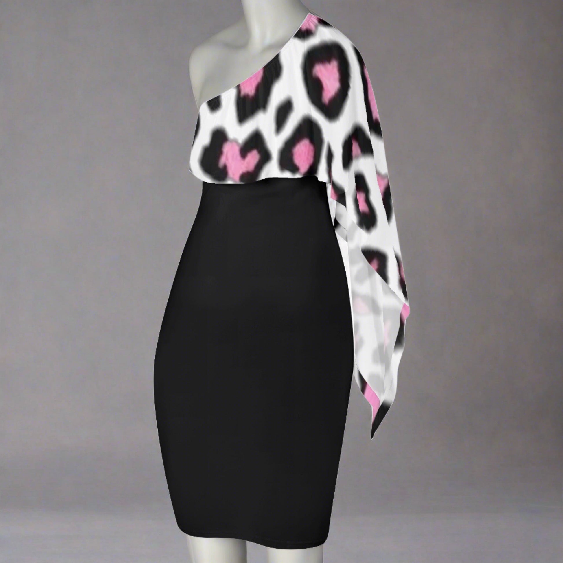 Womens Pink & Black Leopard Print Draped One Shoulder Sleeve Tapered Dress - NocturnalExpressions