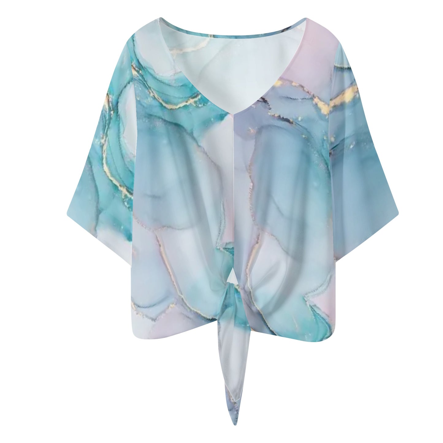 Women‘s Multicolored Acrylic Pour With Gold Leaf V-neck Tie Front Knot Chiffon Blouse - NocturnalExpressions