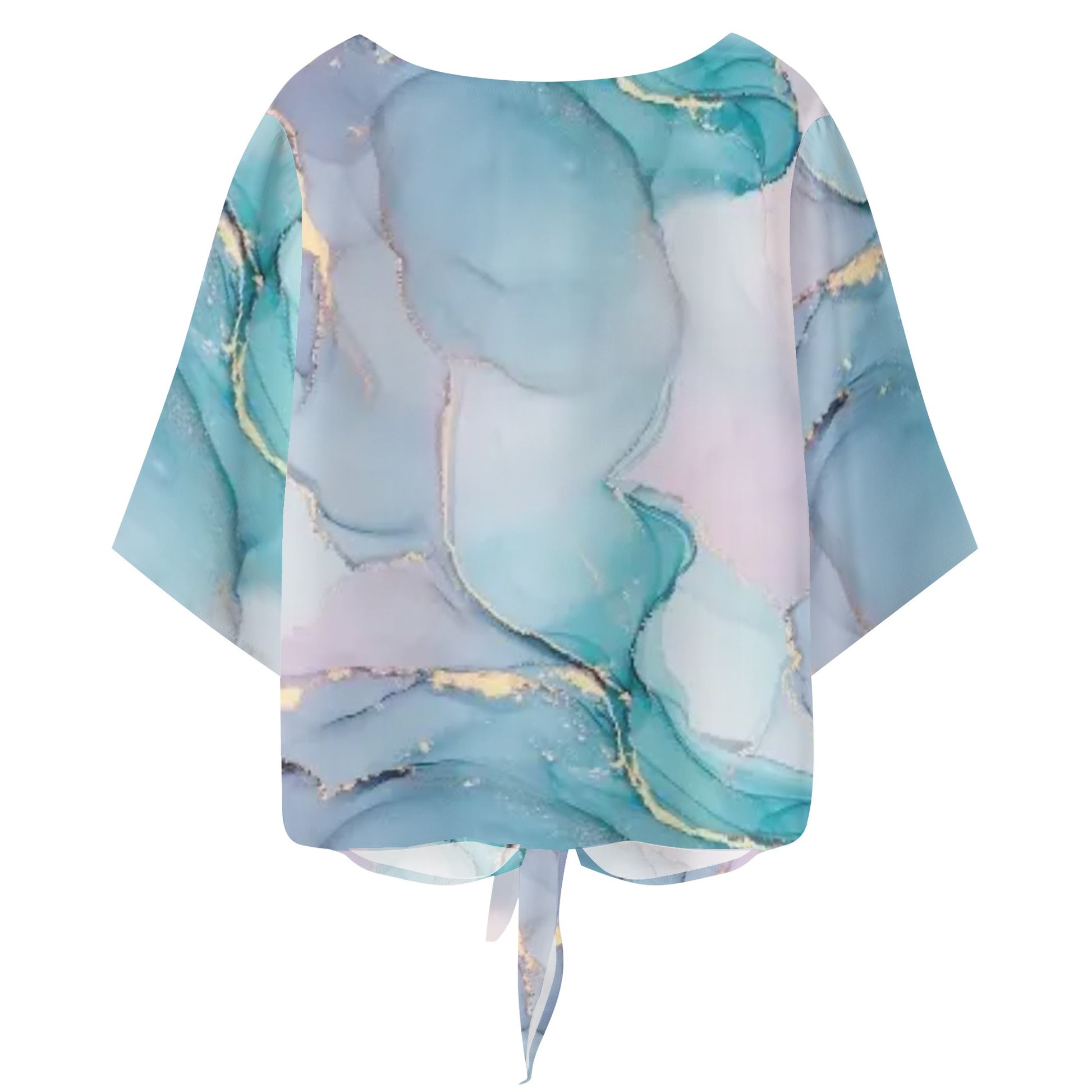 Women‘s Multicolored Acrylic Pour With Gold Leaf V-neck Tie Front Knot Chiffon Blouse - NocturnalExpressions