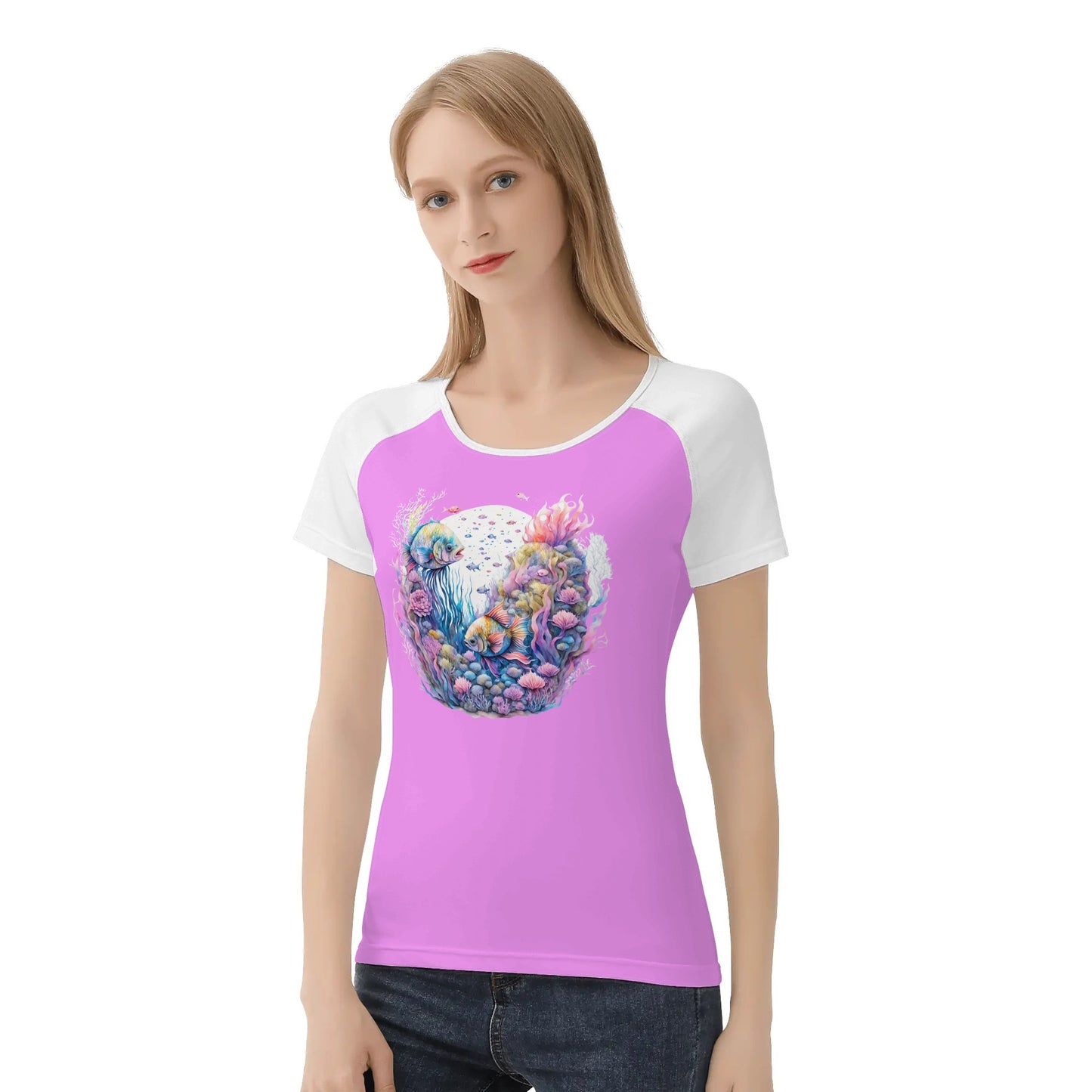 Womens Pink & White Ocean Scene Graphic T-shirt - NocturnalExpressions