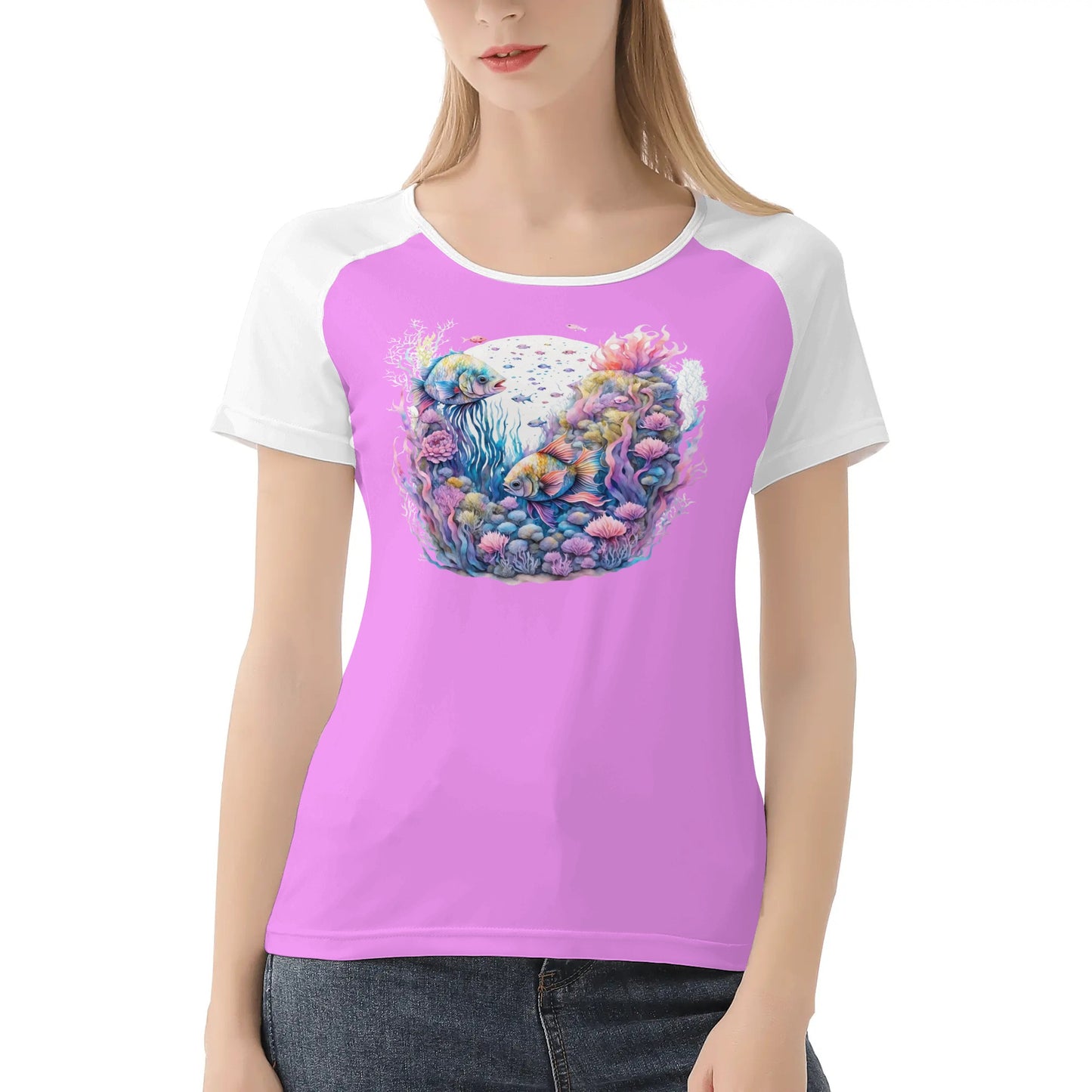 Womens Pink & White Ocean Scene Graphic T-shirt - NocturnalExpressions