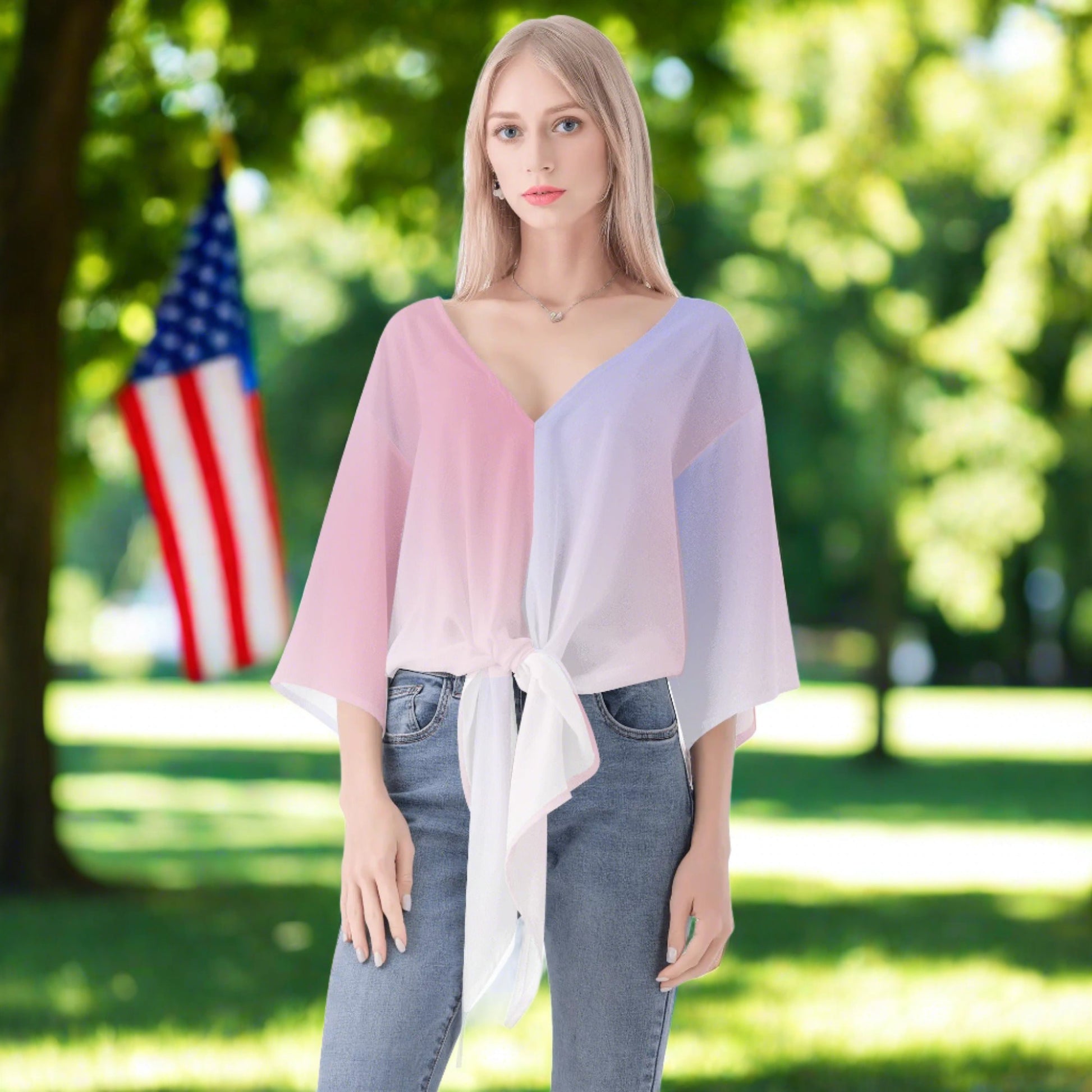 Women‘s Red, White, & Blue Color Gradient V-neck Tie Front Knot Chiffon Blouse - NocturnalExpressions