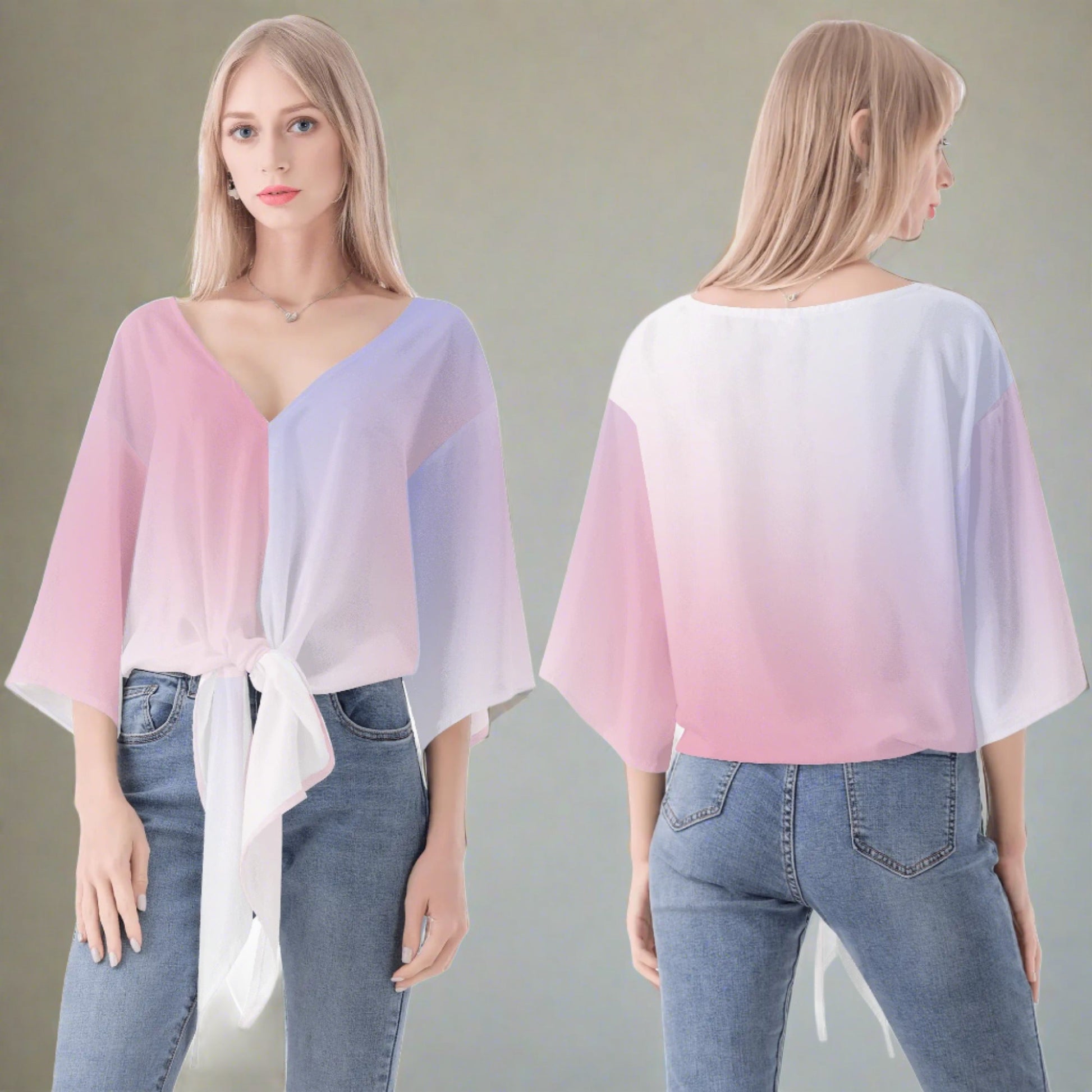 Women‘s Red, White, & Blue Color Gradient V-neck Tie Front Knot Chiffon Blouse - NocturnalExpressions