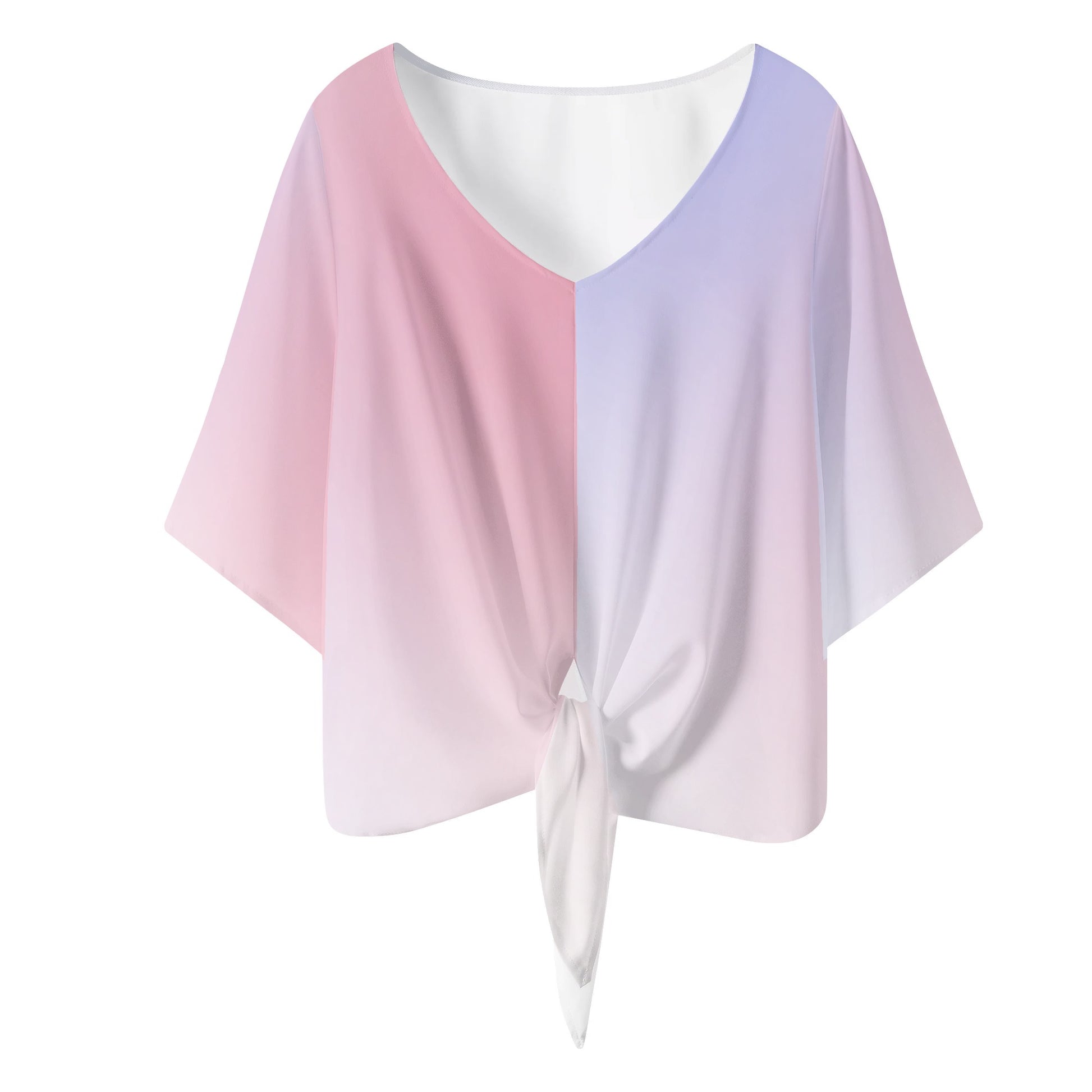 Women‘s Red, White, & Blue Color Gradient V-neck Tie Front Knot Chiffon Blouse - NocturnalExpressions