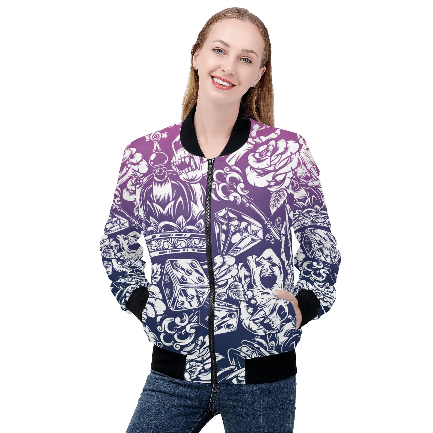 Womens Zip Up Gothic Skull Pattern Printed Bomber Jacket - NocturnalExpressions