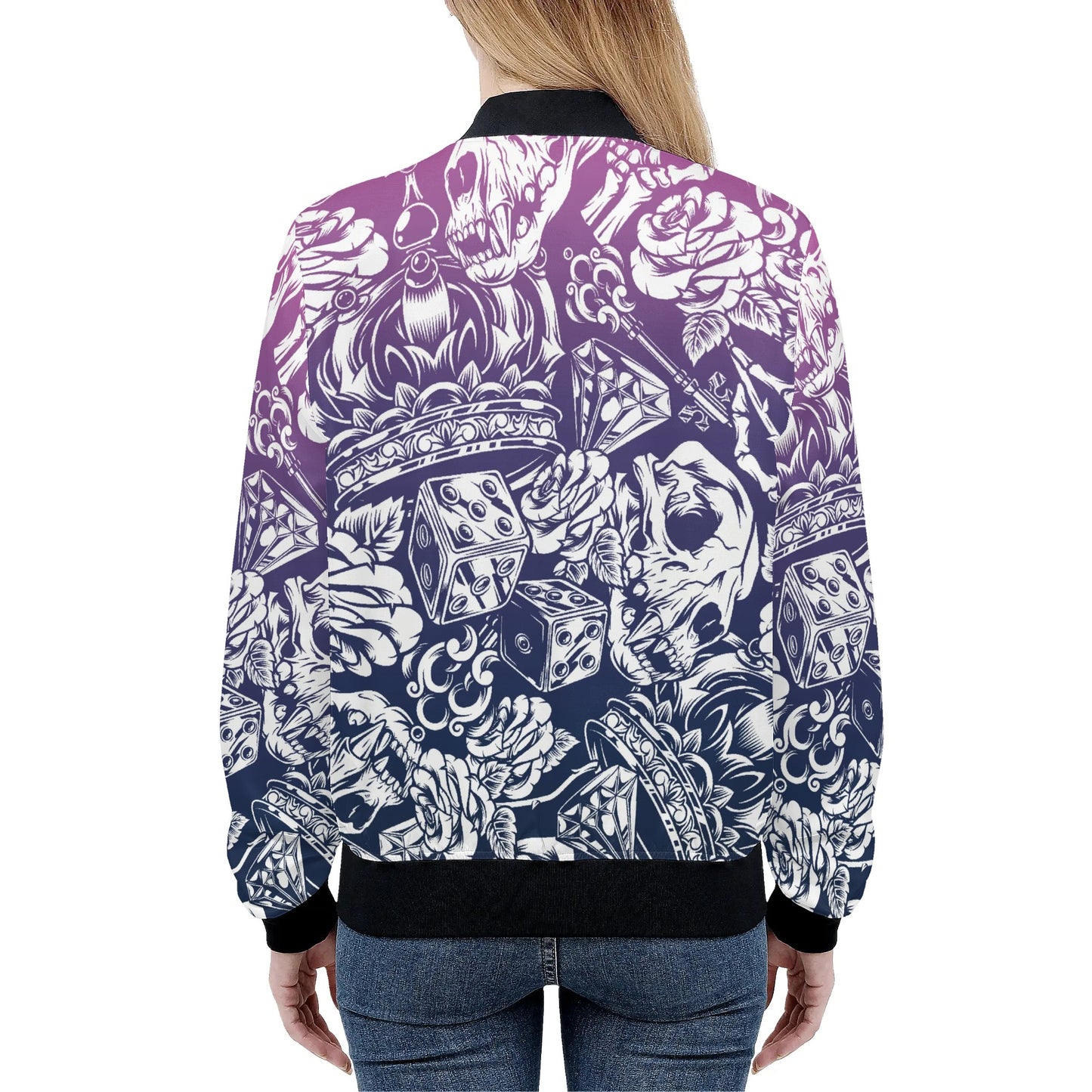 Womens Zip Up Gothic Skull Pattern Printed Bomber Jacket - NocturnalExpressions