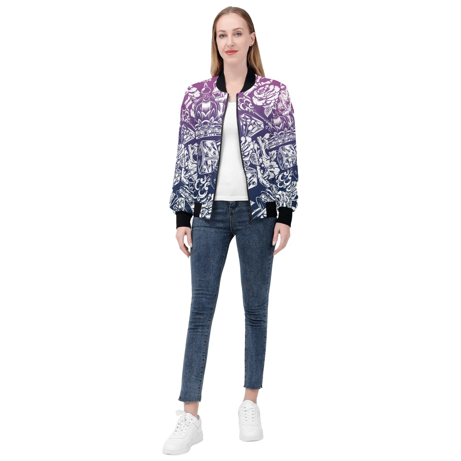 Womens Zip Up Gothic Skull Pattern Printed Bomber Jacket - NocturnalExpressions