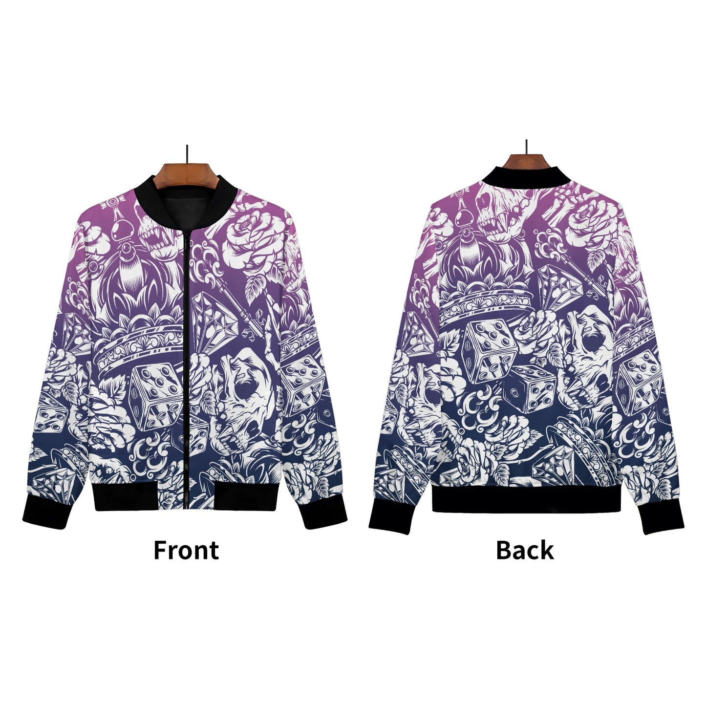 Womens Zip Up Gothic Skull Pattern Printed Bomber Jacket - NocturnalExpressions