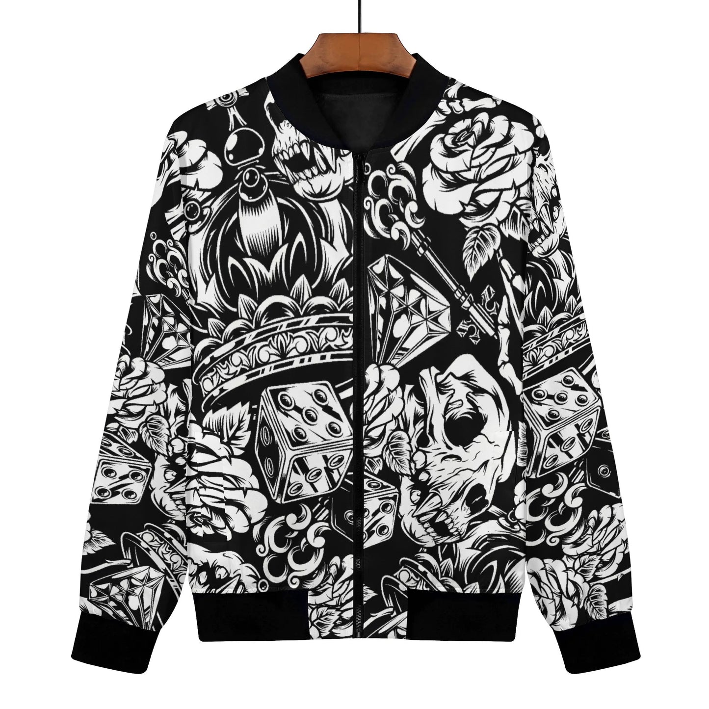 Womens Zip Up Gothic Skull Pattern Printed Bomber Jacket - NocturnalExpressions