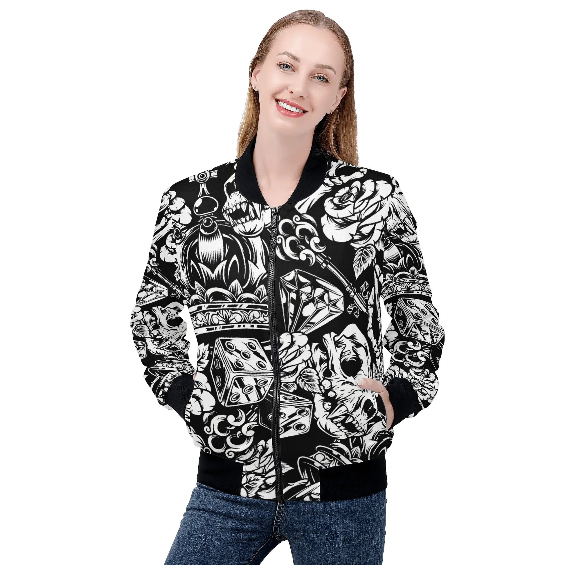 Womens Zip Up Gothic Skull Pattern Printed Bomber Jacket - NocturnalExpressions