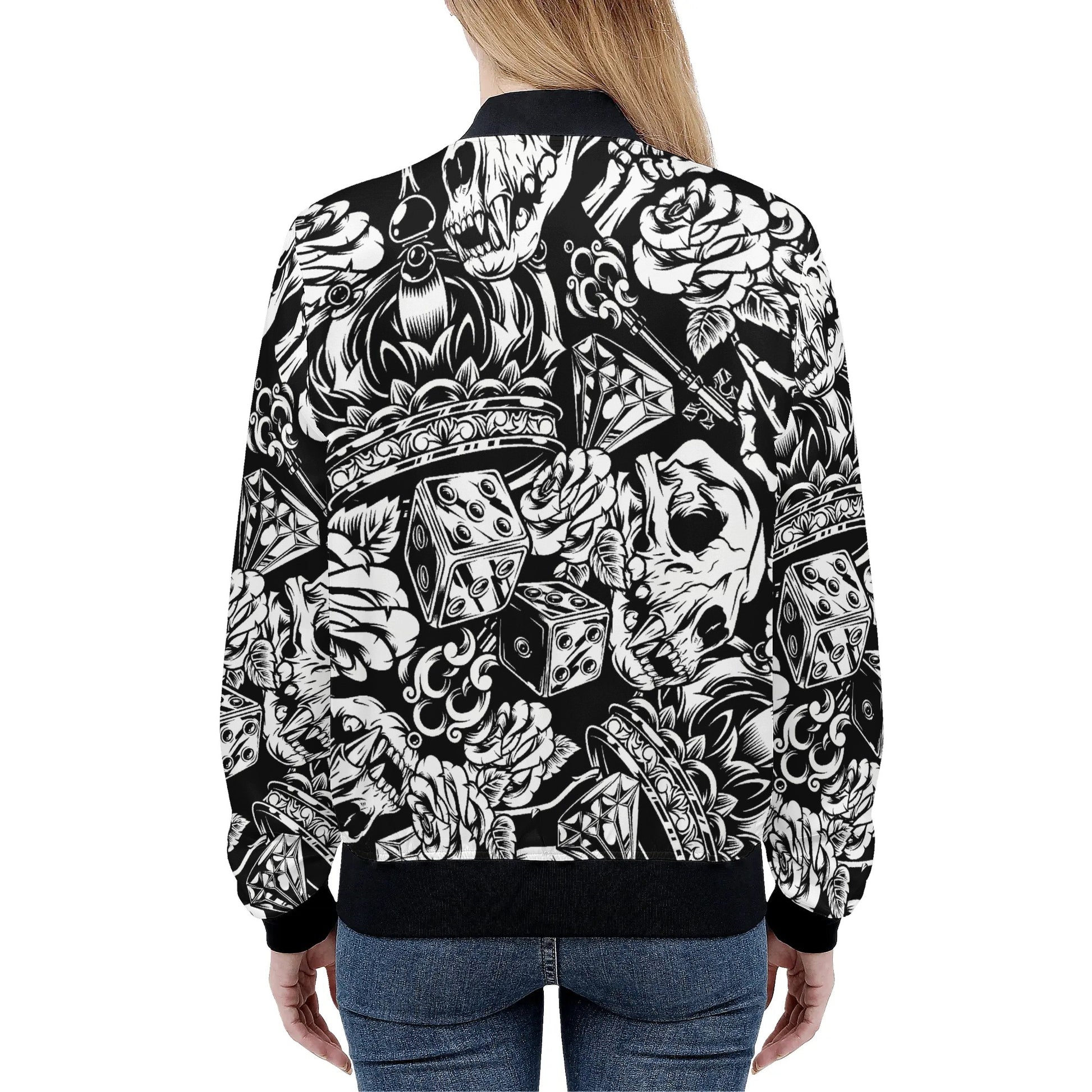 Womens Zip Up Gothic Skull Pattern Printed Bomber Jacket - NocturnalExpressions