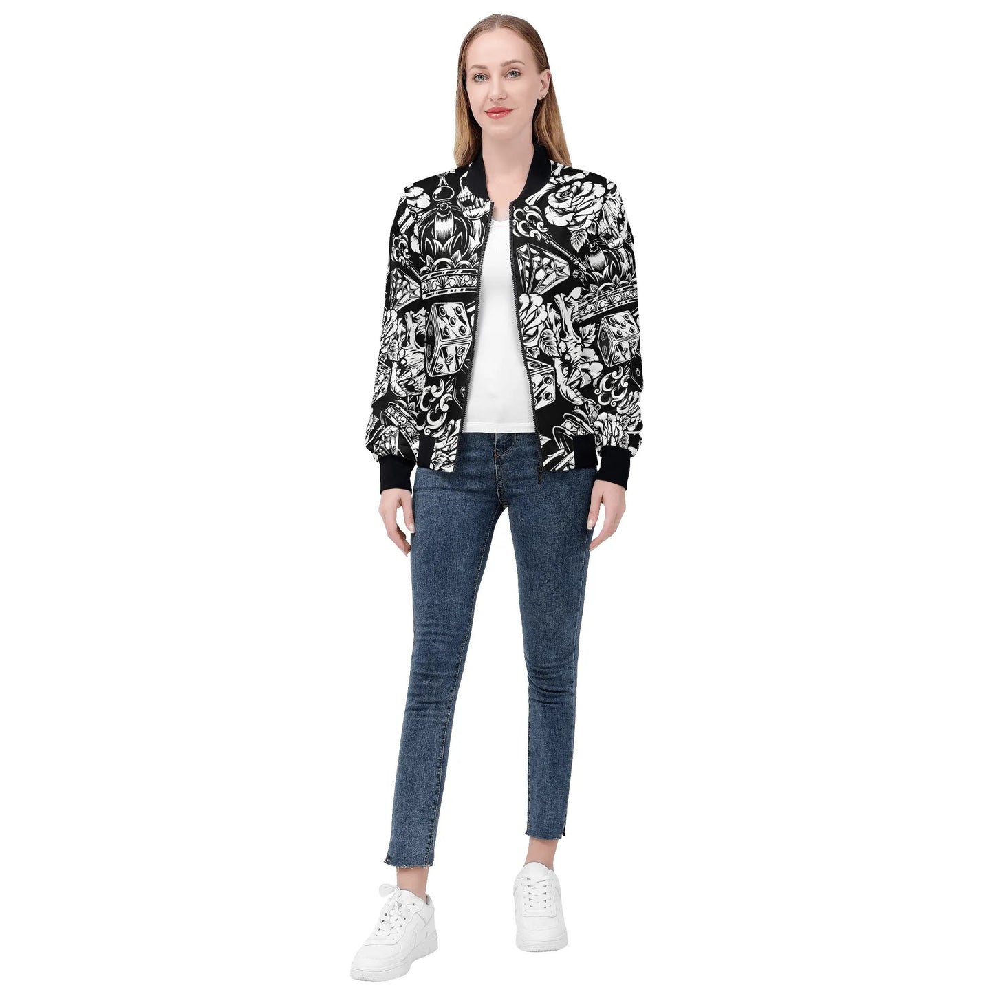 Womens Zip Up Gothic Skull Pattern Printed Bomber Jacket - NocturnalExpressions